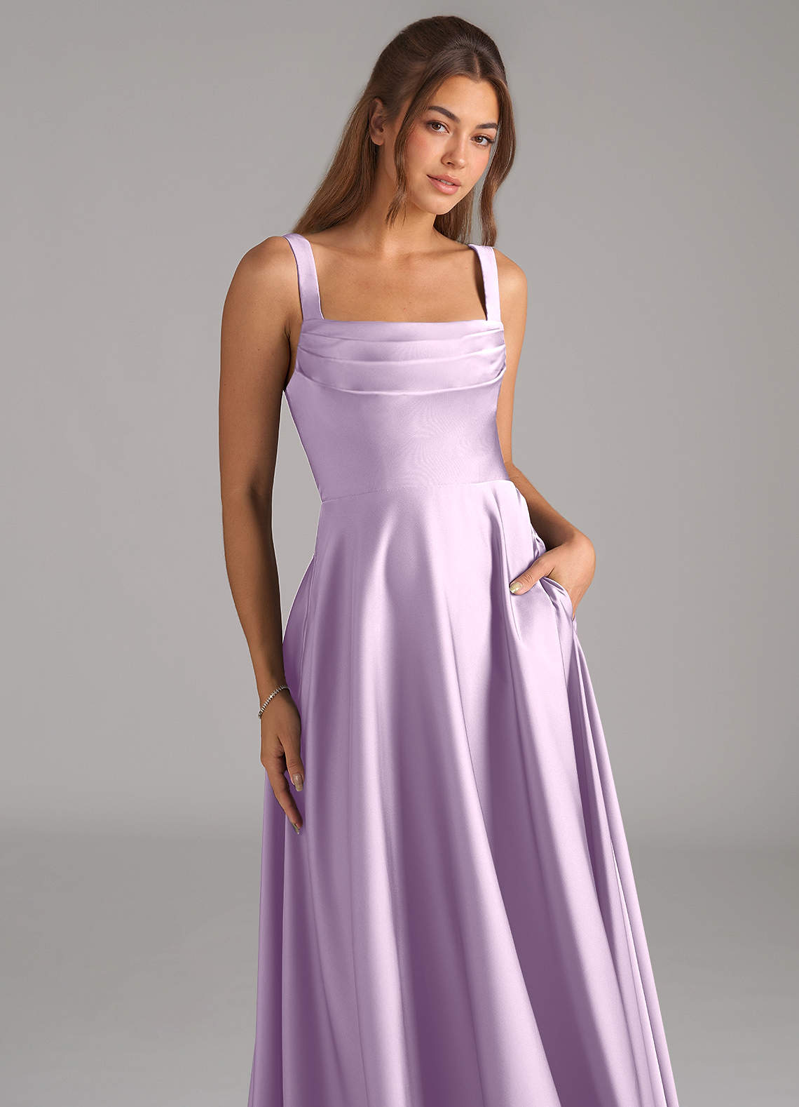Azazie Shaude Bridesmaid Dresses Frosted Lilac A-Line Pleated Stretch Satin Dress image1