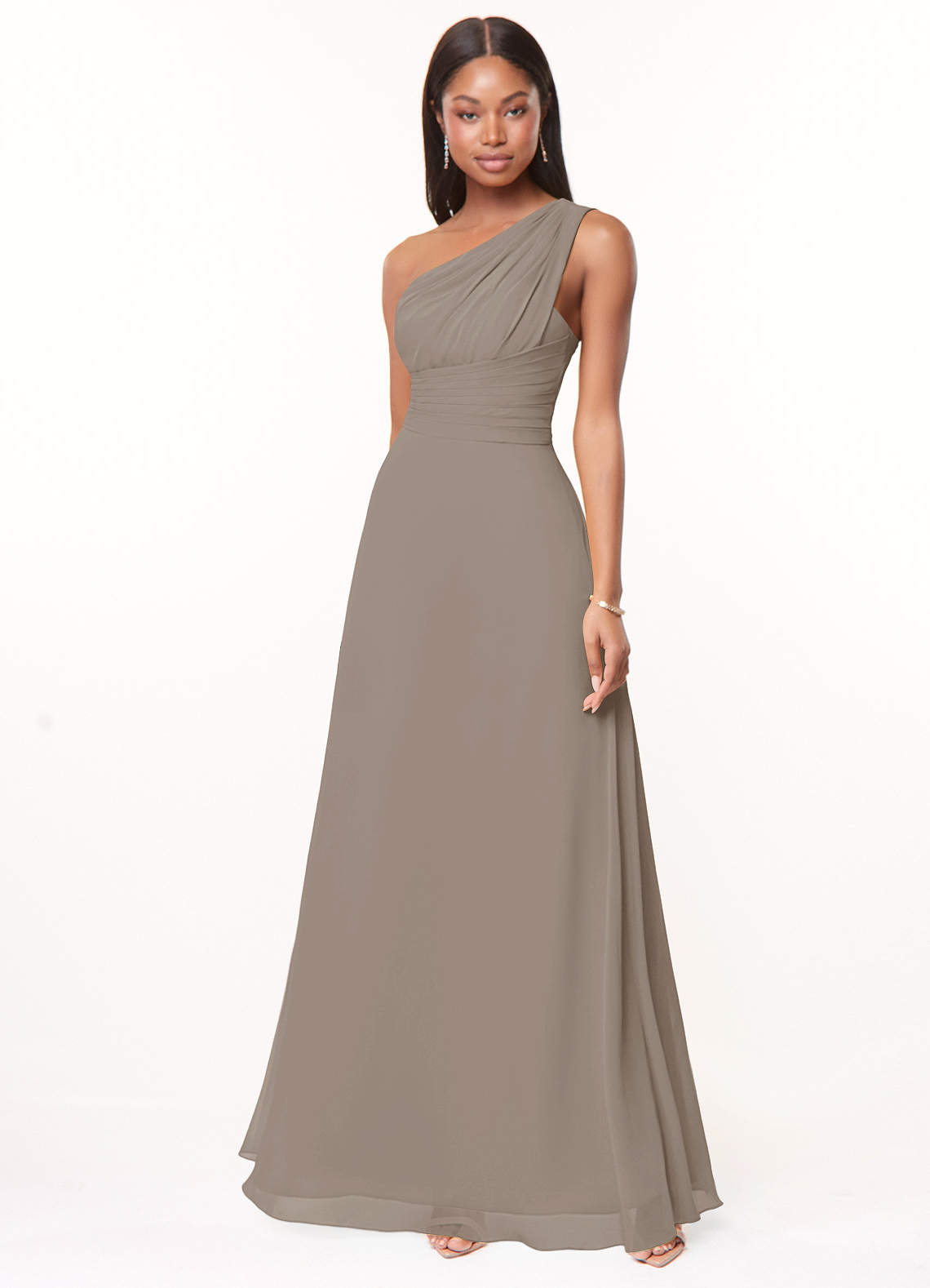 Azazie Ashley At-home Try On Dresses Taupe A-Line Ruched Chiffon Dress image1