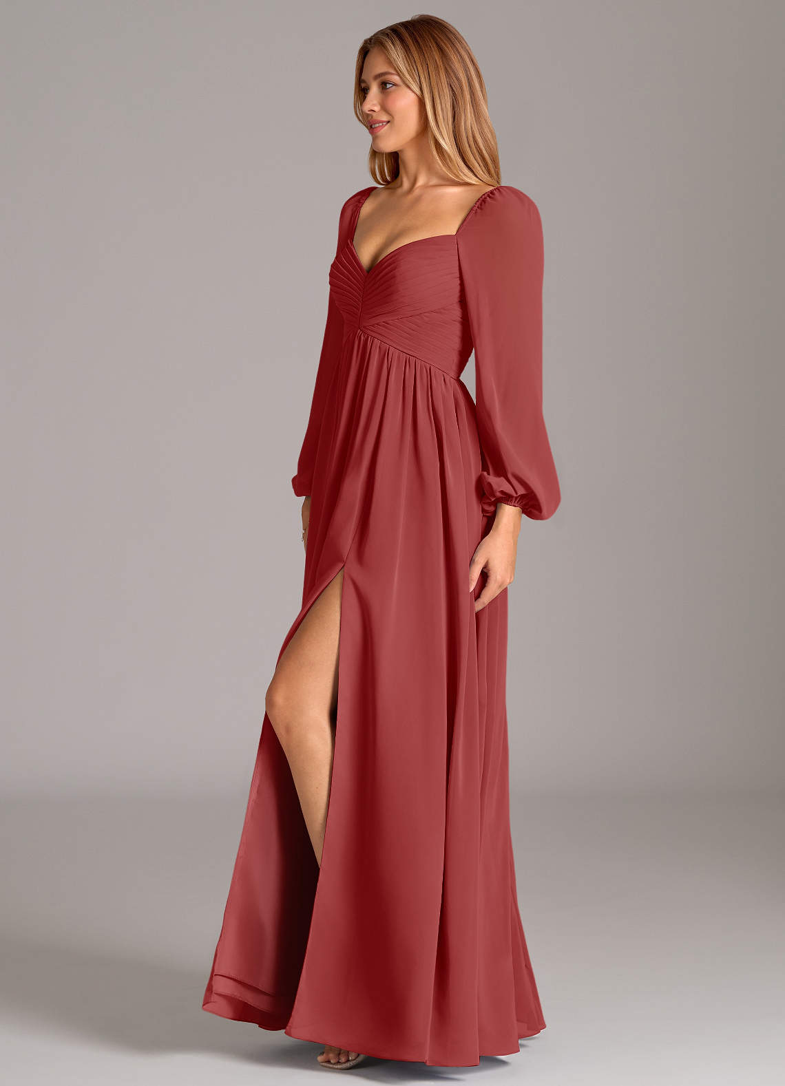 Azazie A-Line V-Neck Long Sleeve Floor-Length Chiffon Bridesmaid Dresses - Rust