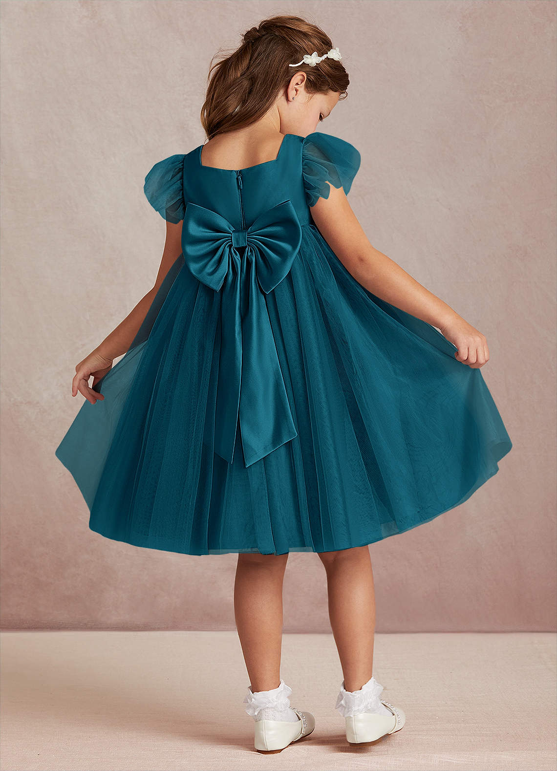 Azazie A Line Square Neck Knee Length Tulle Flower Girl Dresses Ink Blue