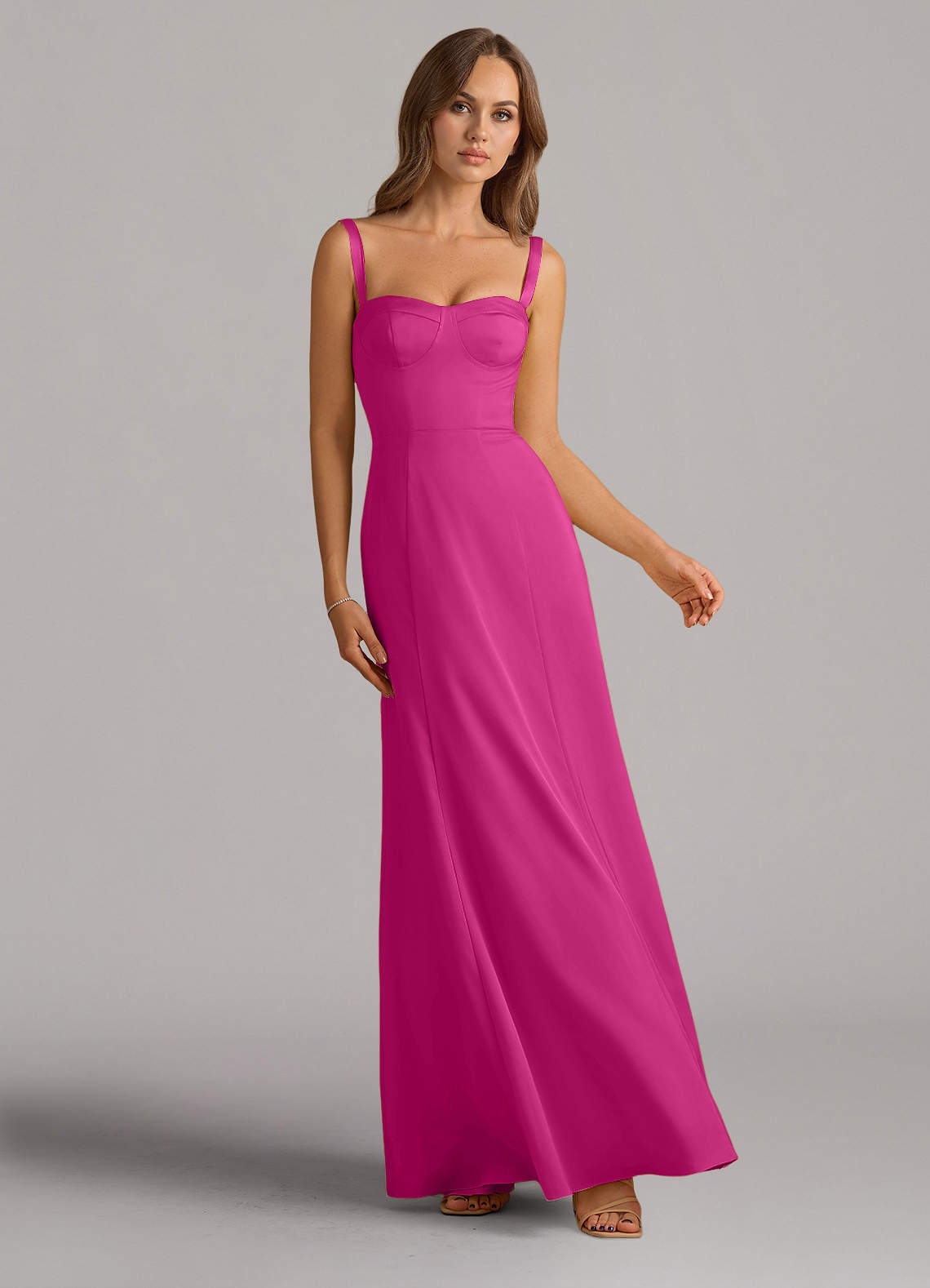 Azazie Amaris Robes de demoiselle d'honneur Robe Trapèze en Satin extensible Corset Fuchsia image1