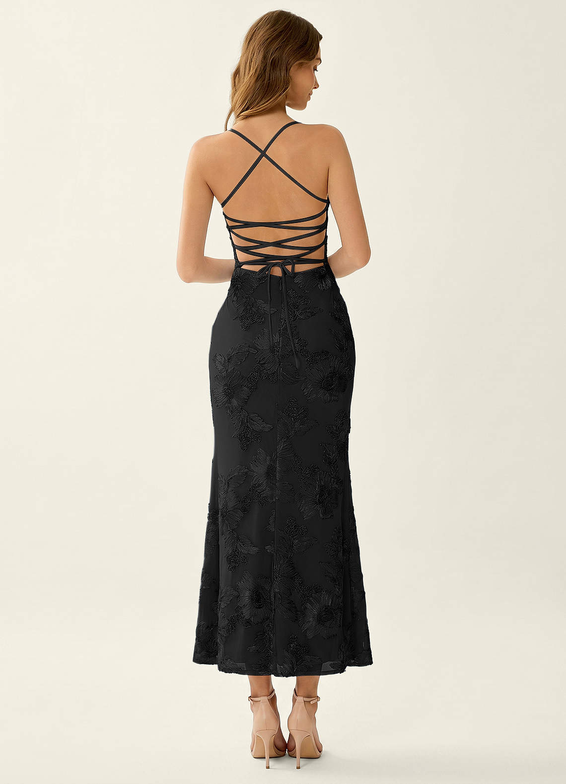 Azazie Black Open Back Lace Up Cowl Formal Dress