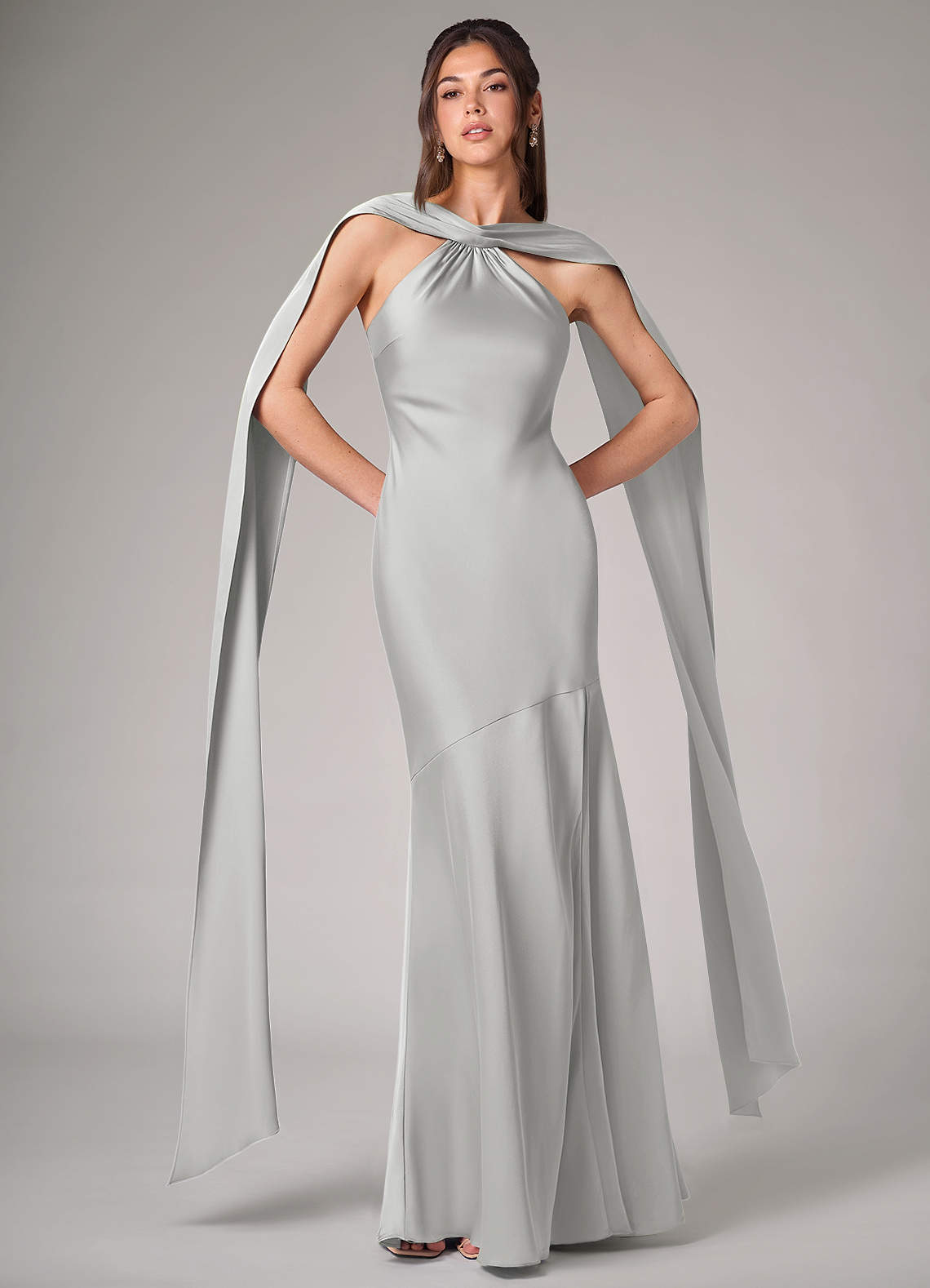Azazie Kinsley Bridesmaid Dresses Silver Mermaid Side Slit Stretch Satin Dress image1
