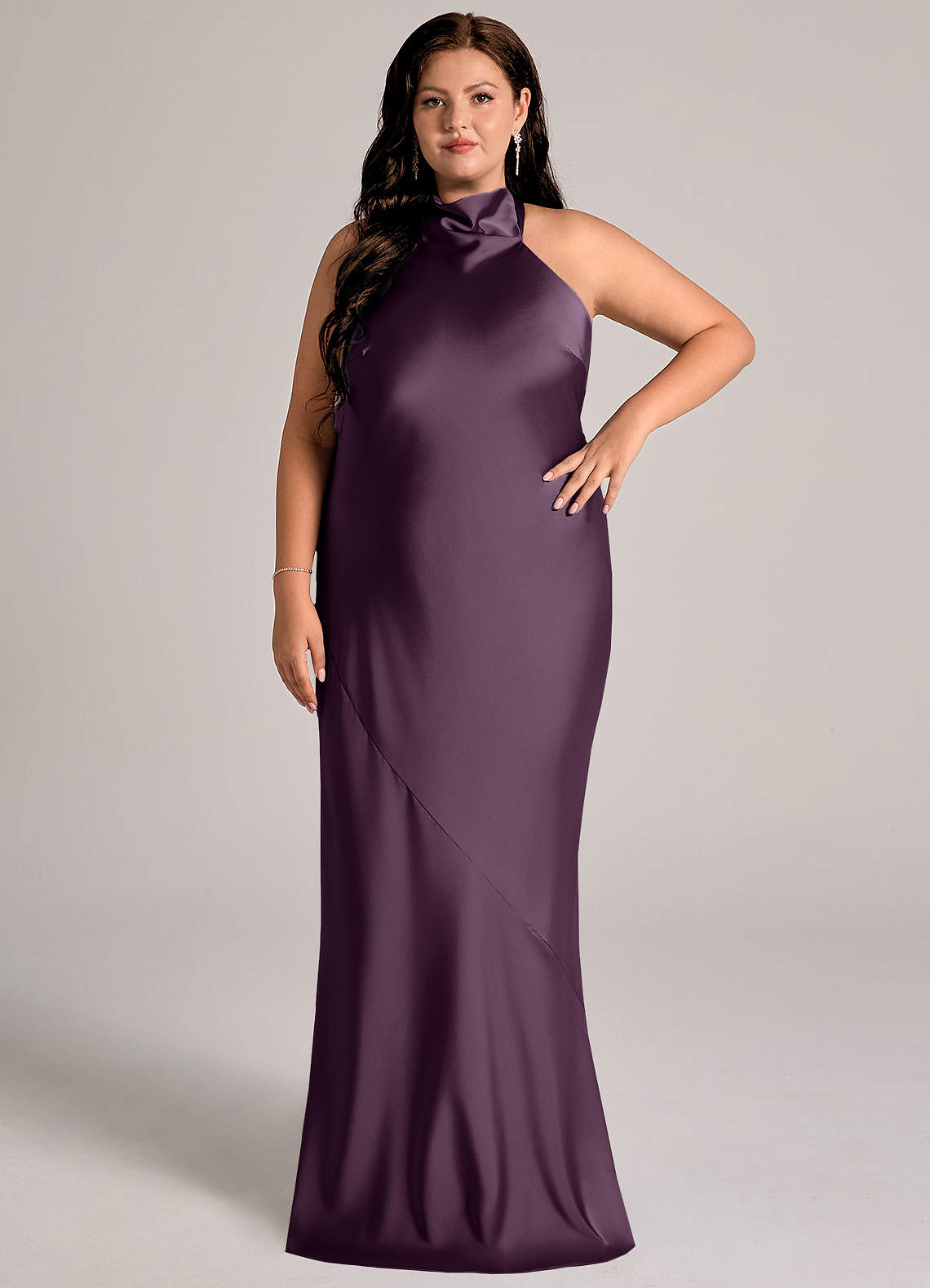 Azazie Velli Bridesmaid Dresses Plum Mermaid High Neck Stretch Satin Dress image1