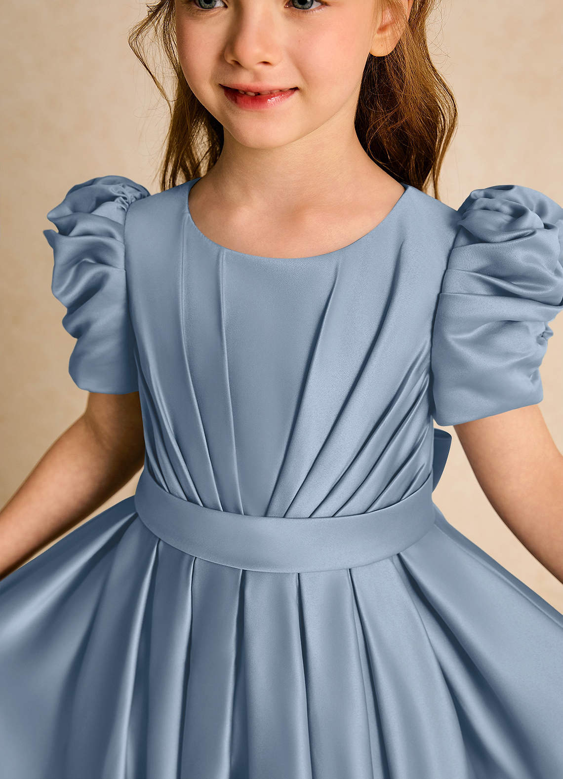 Azazie Miriam Abiti da Ragazza di Fiori Abito Principessa in Raso Opaco Plissettato Blu Polveroso image7