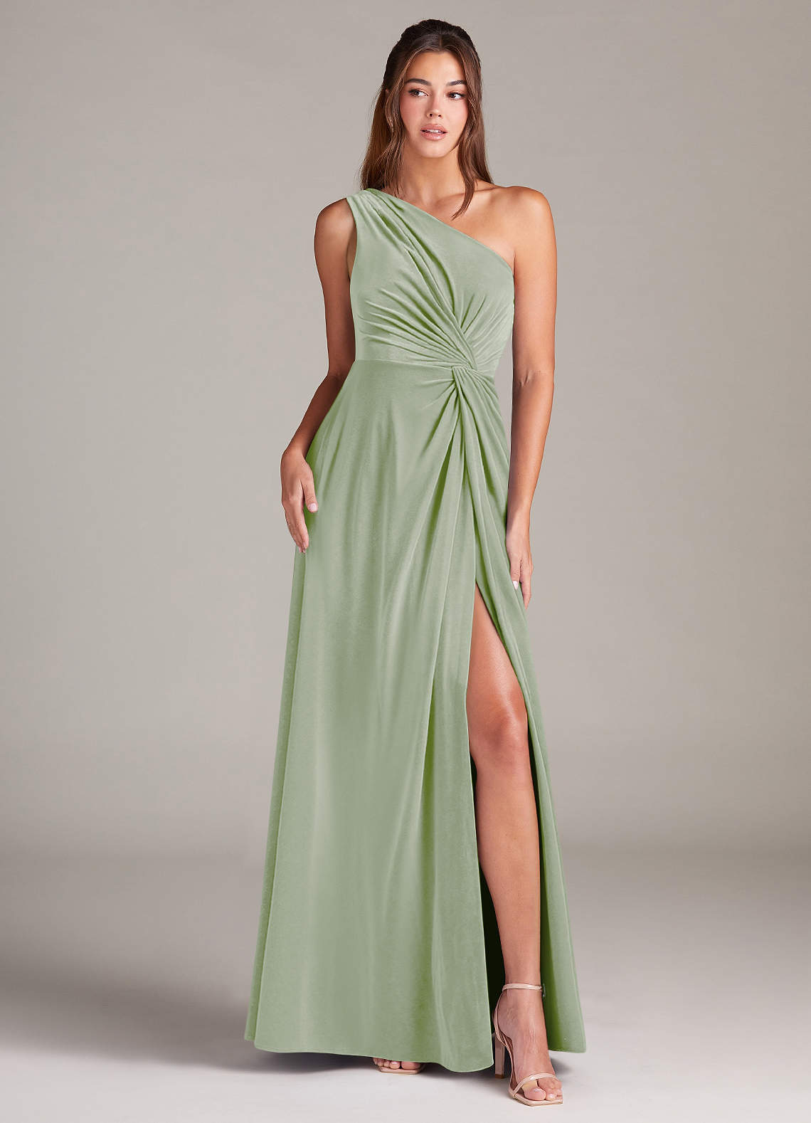 Azazie Brooke Bridesmaid Dresses Dusty Sage A-Line One Shoulder Velvet Dress image1