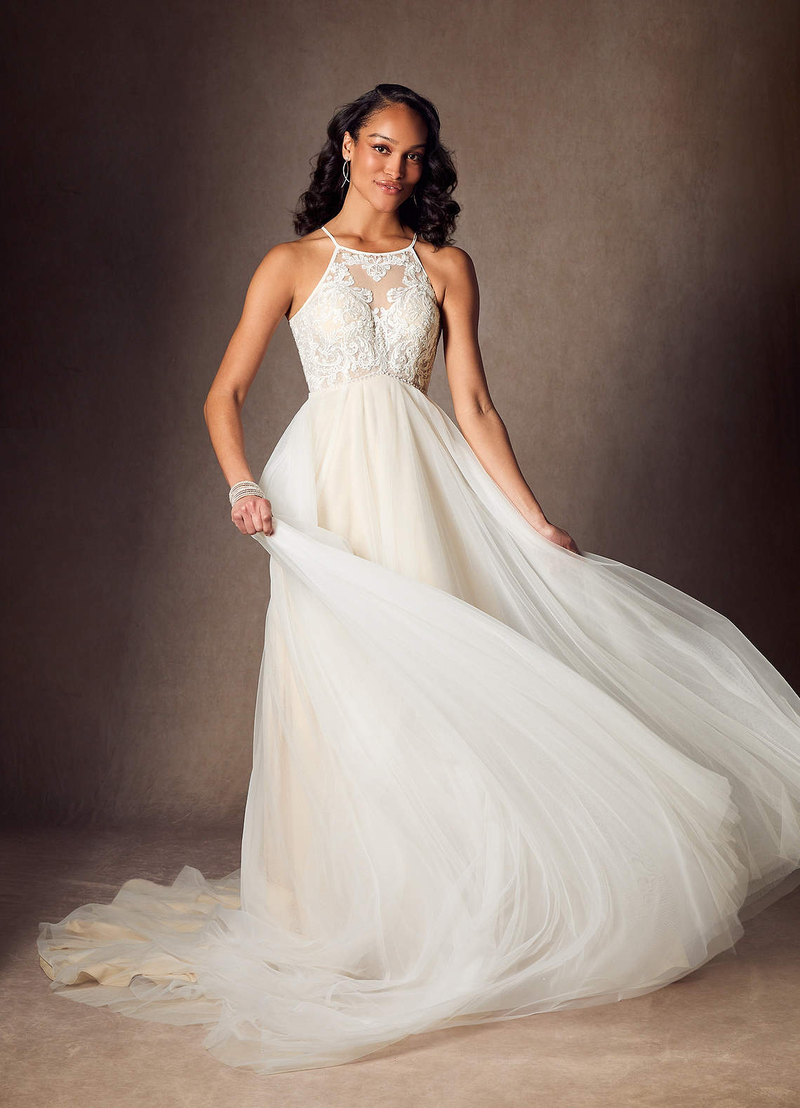 Azazie Odell Diamond White Champagne A-Line Halter Sequins Tulle