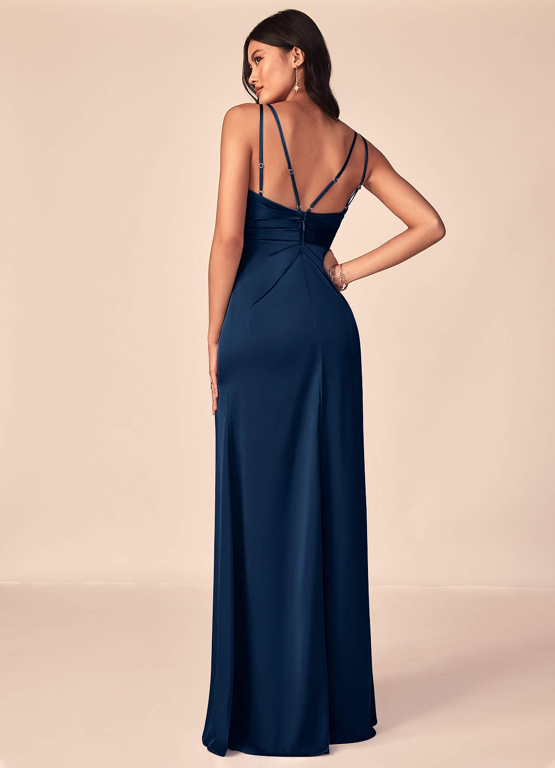 Pleated V-neck Cap Sleeve Stretch Satin Long Dress Dusty Blue main image 1