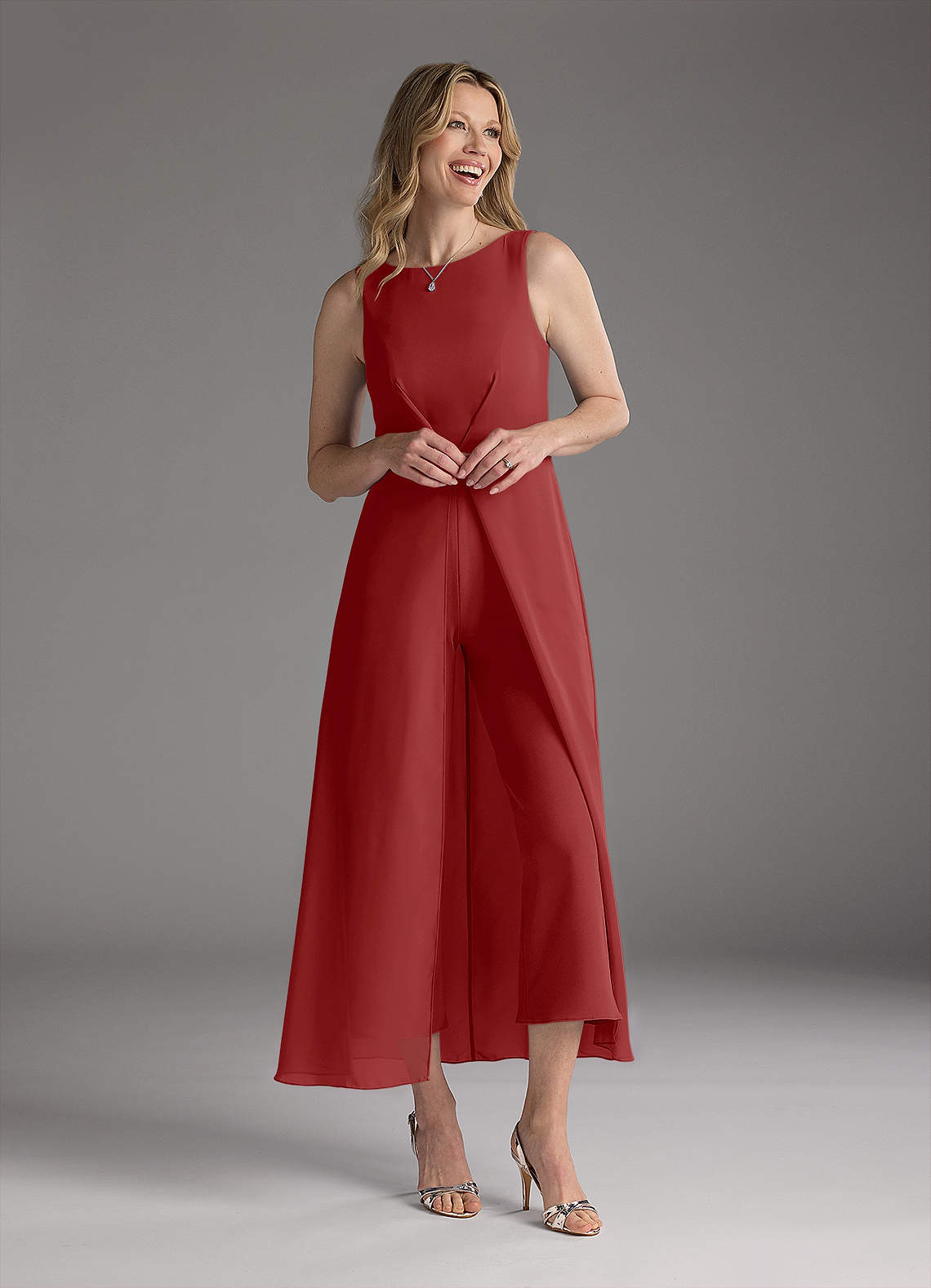 Azazie Anitta Rust Jumpsuit/Pantsuit Pleated Stretch Crepe Dress