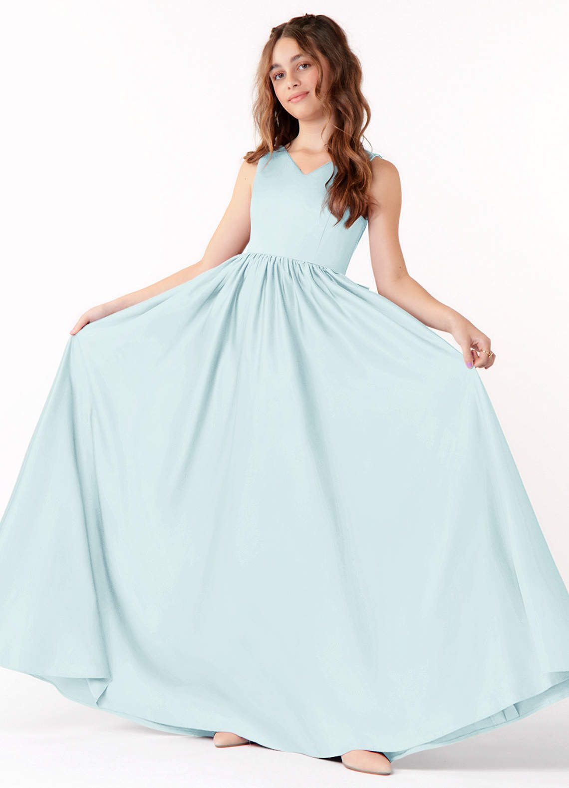 Azazie Hathaway Junior Sea Glass A-Line Bow Matte Satin Dress image1