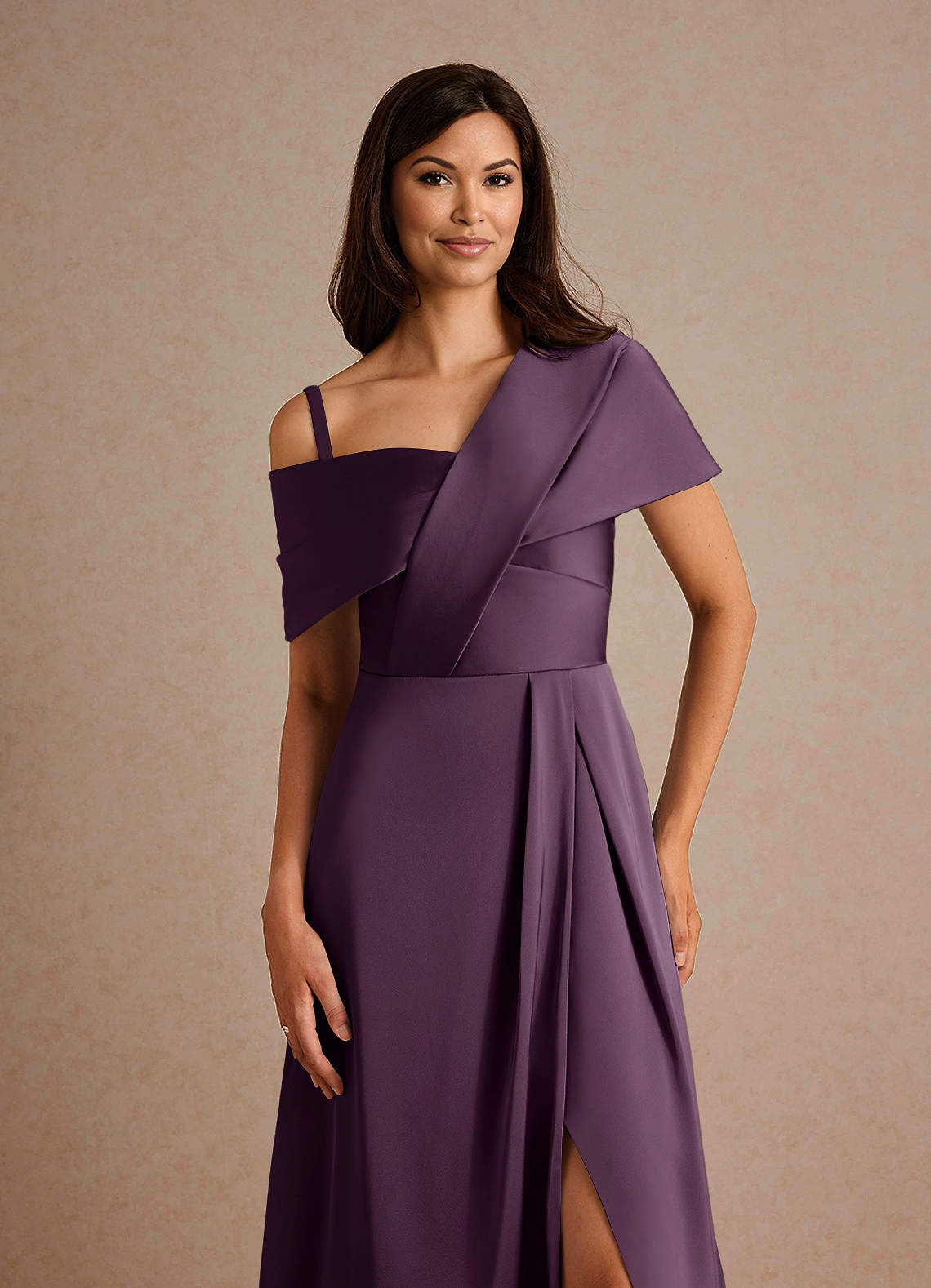 Azazie Milton Mother of the Bride Dresses Plum A-Line Pleated Stretch Satin Dress image2