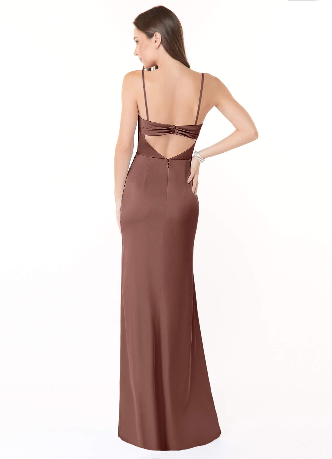 Azazie Leonis Vestidos de madrinha de casamento Vestir Café Expresso de Cetim elástico de sereia com Plissado image2