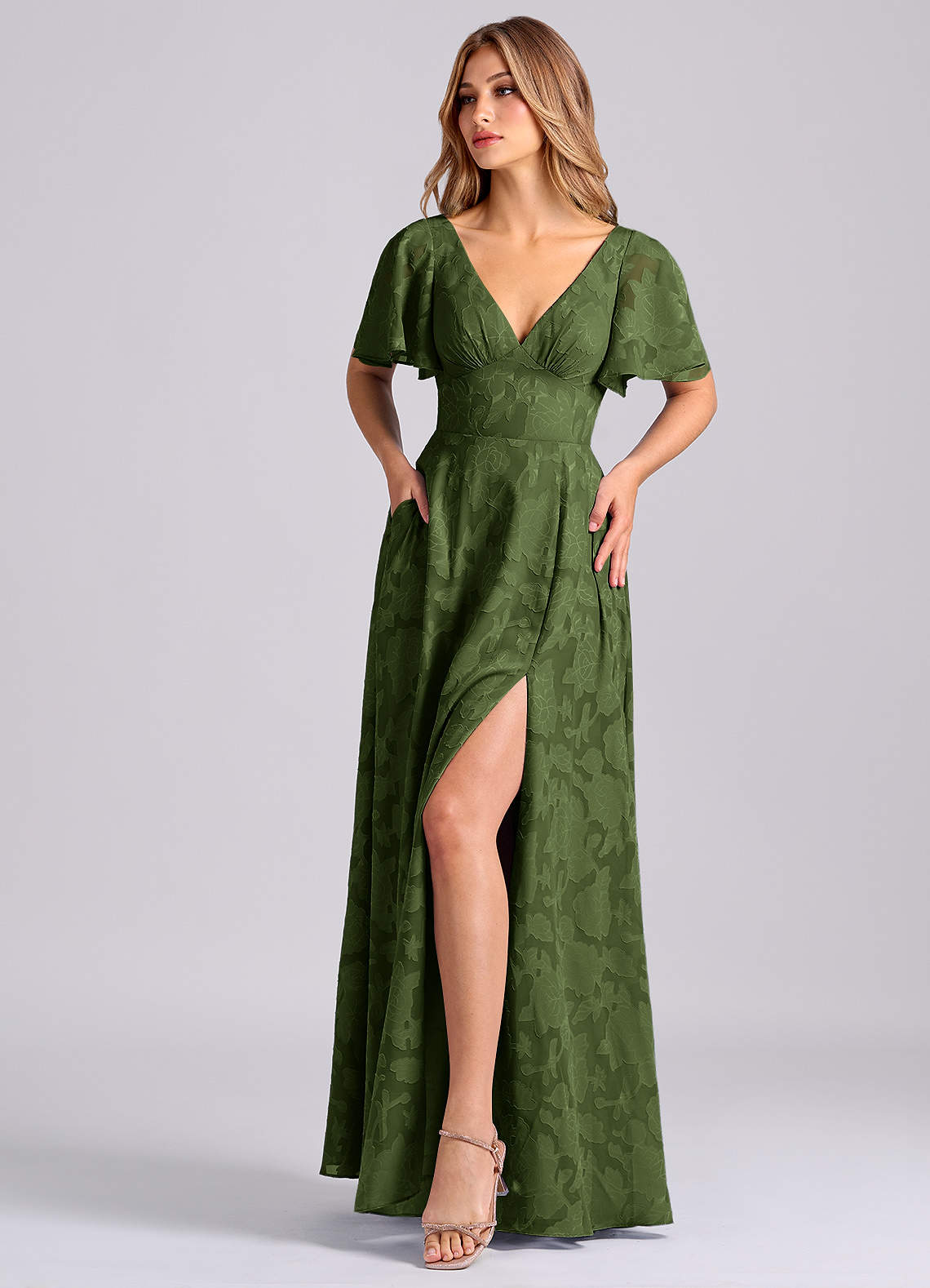 Azazie Kimber Bridesmaid Dresses Olive A-Line with Pockets Floral Burnout Dress image5