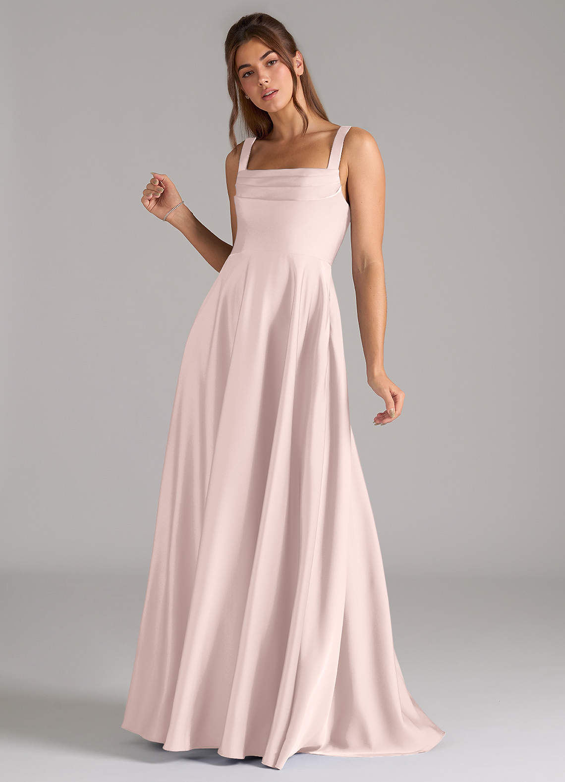 Azazie Shaude Bridesmaid Dresses Blushing Pink A-Line Pleated Stretch Satin Dress image4