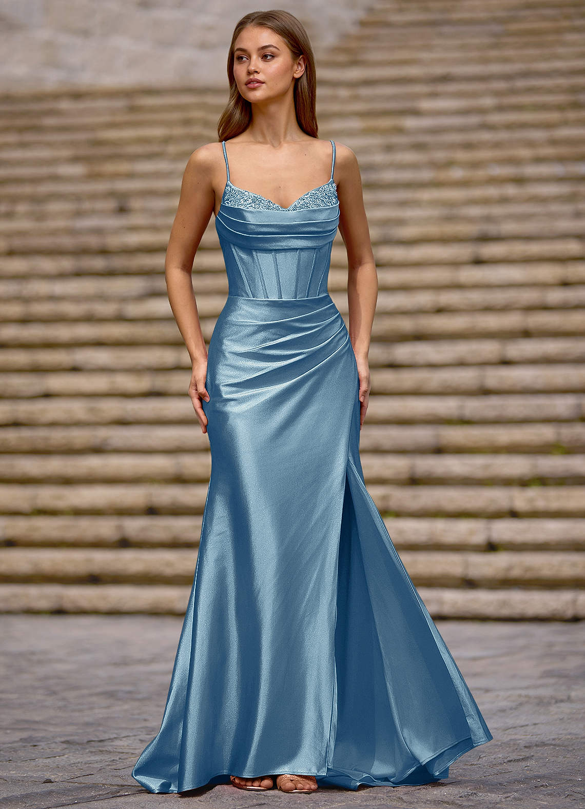 oriental dress blue Simple V-Neck Satin Long Prom Dress, Royal Blue Formal Dresses – jkprom