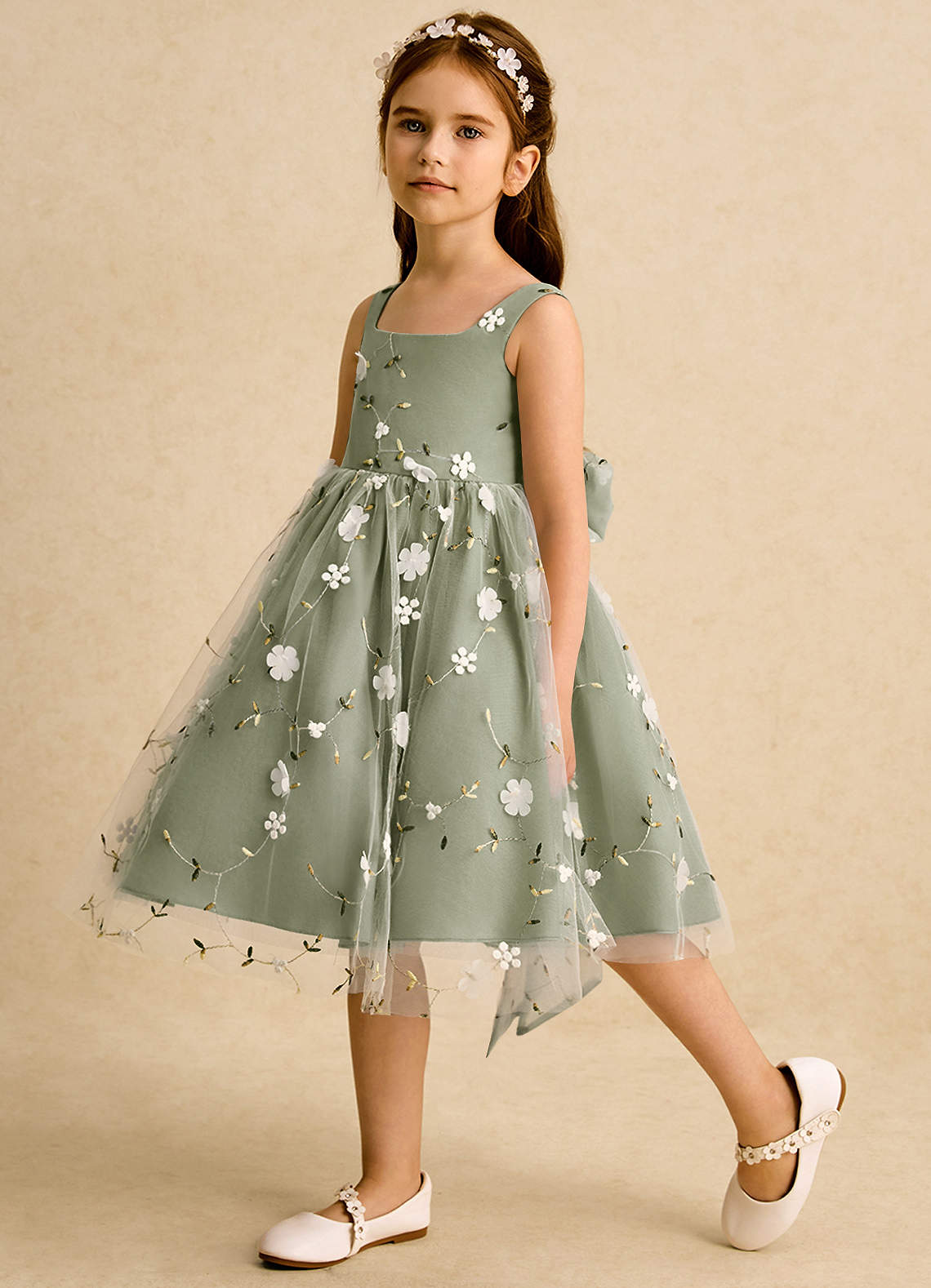 Azazie Bean Robe Demoiselle D'honneur Fillette Robe Princesse en Tulle Sans manches Pistache image4
