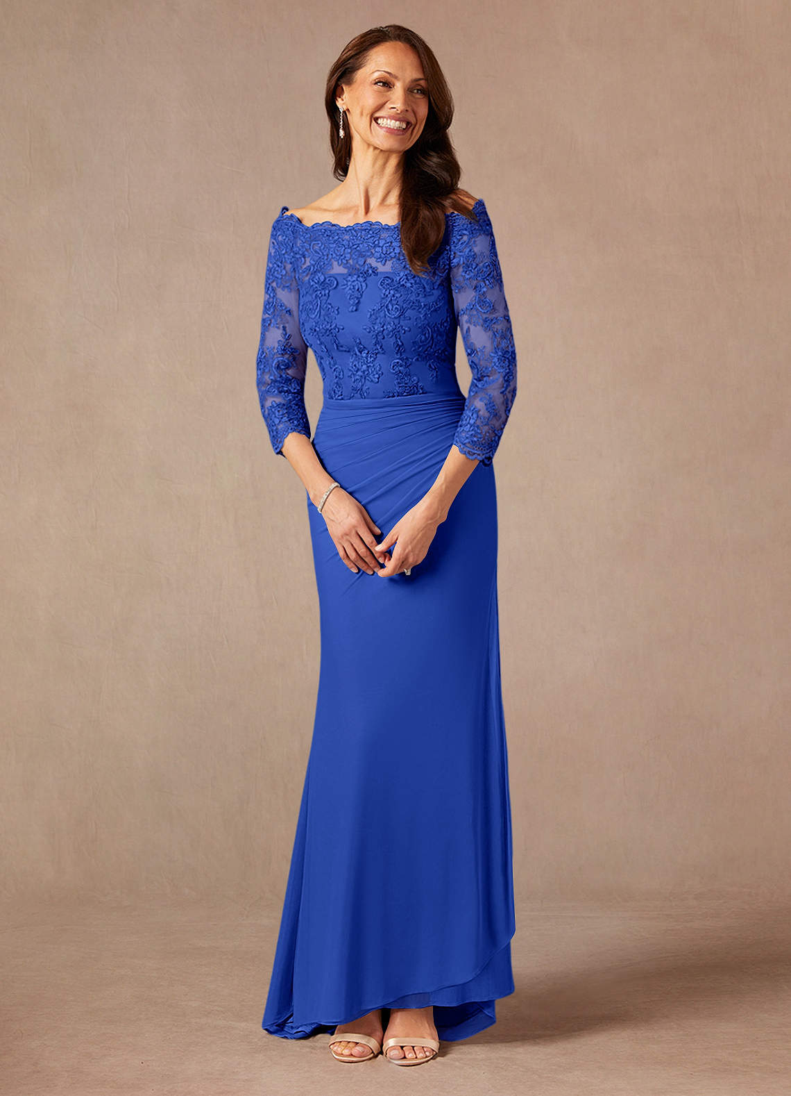 Azazie Rhonda Royal Blue Mermaid Off the Shoulder Mesh Dress | Azazie DE