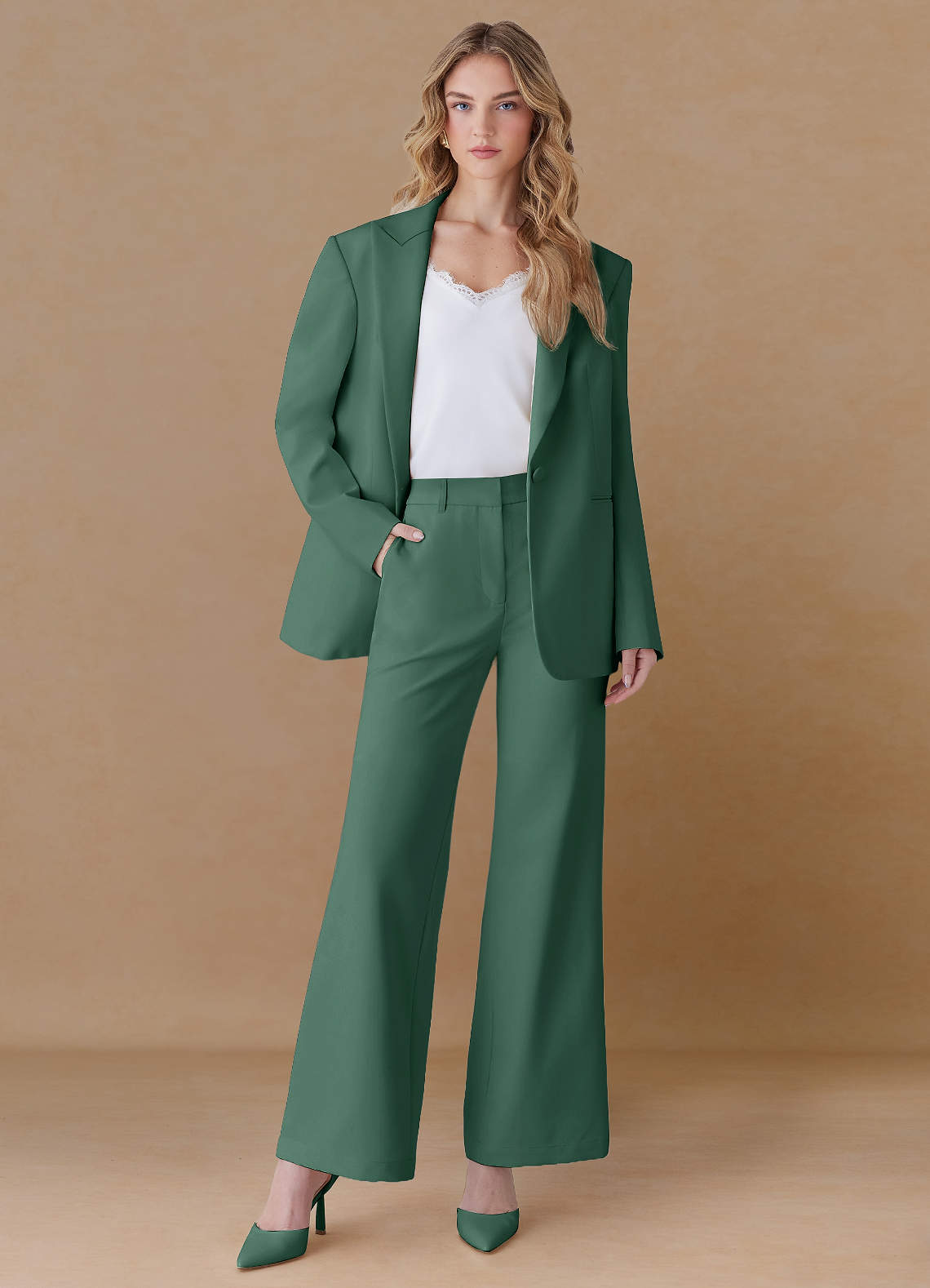 front Amelia Eucalyptus Refined Weave Performance Oversized Blazer