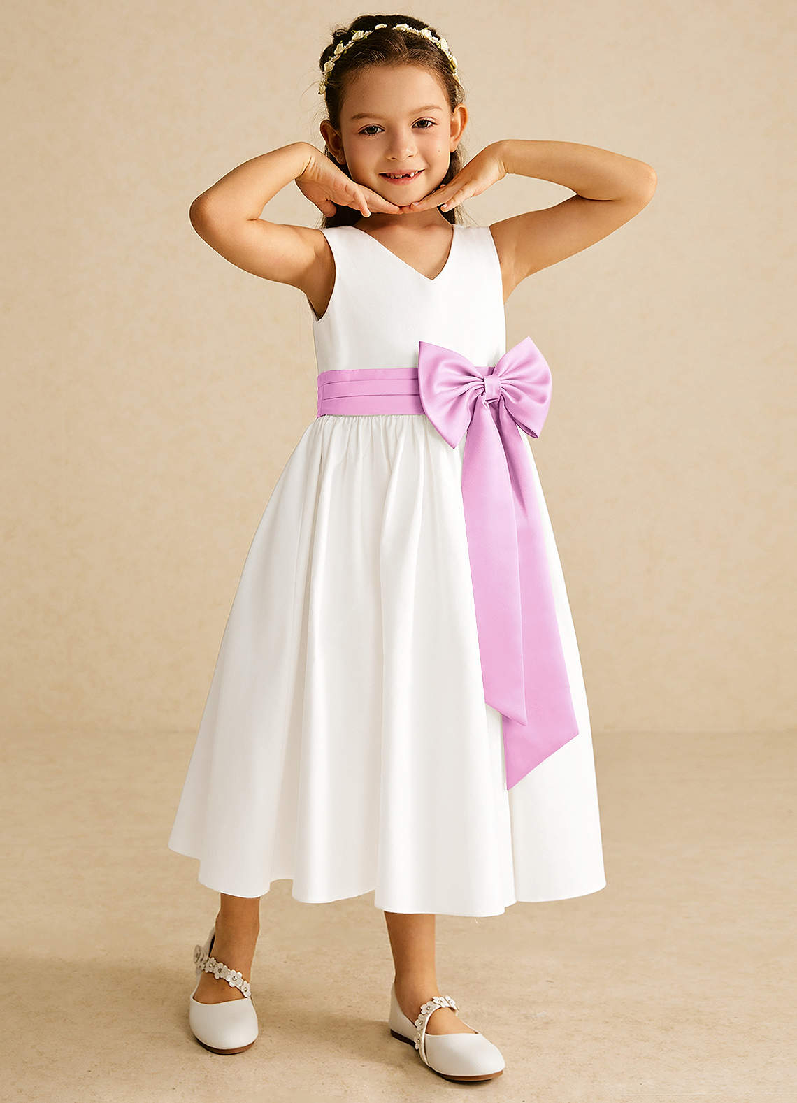 Azazie Darling Flower Girl Dresses Ivory Candy Pink A-Line Bow Cotton Dress image1