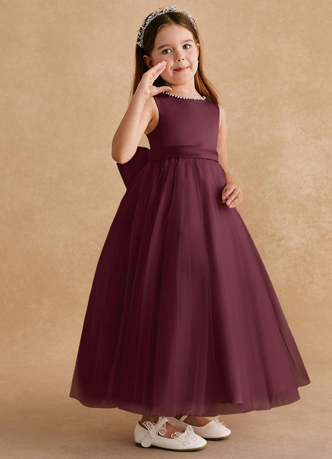 Azazie Cookie Flower Girl Dresses Cabernet A-Line Bow Tulle Dress image1