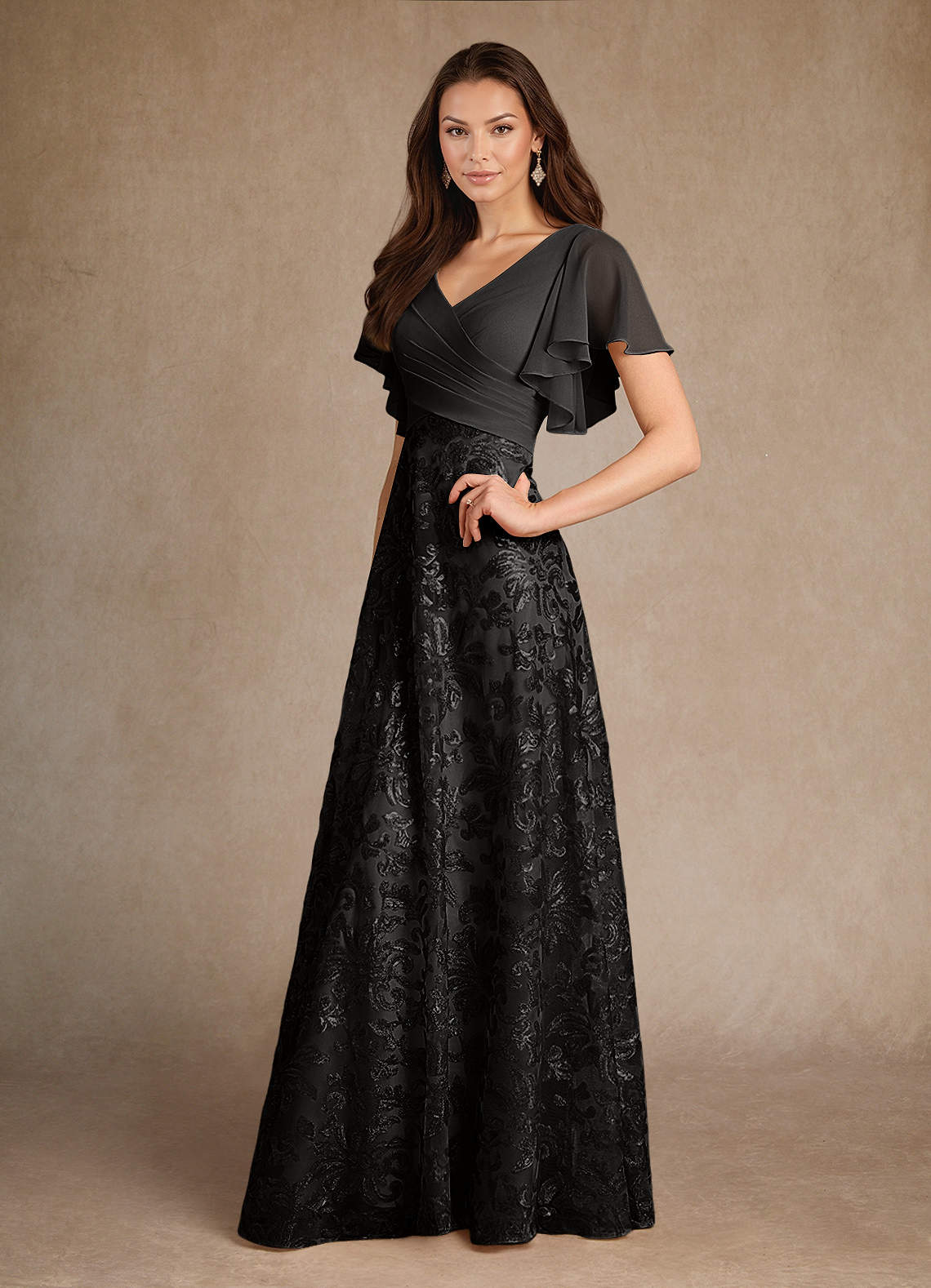 Azazie A-Line/Princess V-Neck Floor-Length Lace Mother of the Bride or Groom Dresses - Black