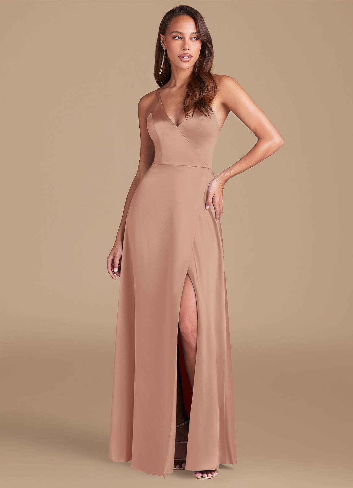 Azazie Maksim Bridesmaid Dresses English Rose A-Line Metallic Satin Dress image1