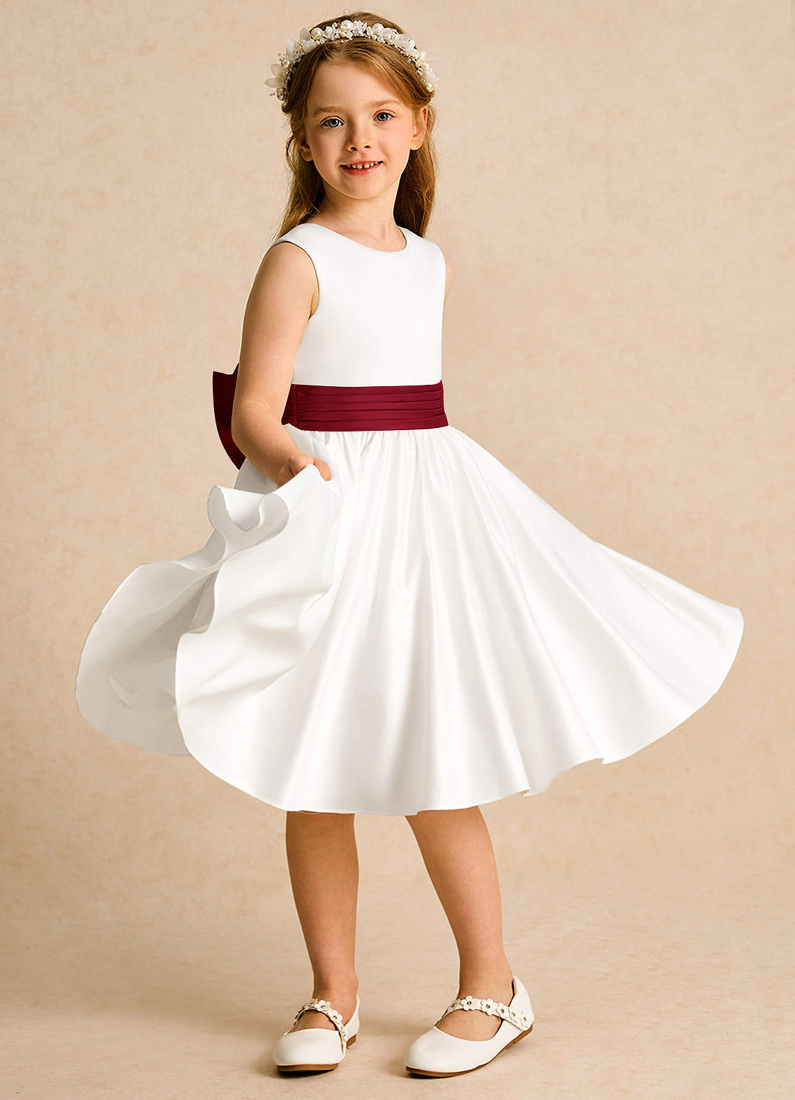 Azazie Sosie Flower Girl Dresses Ivory Burgundy A-Line Pleated Matte Satin Dress image4