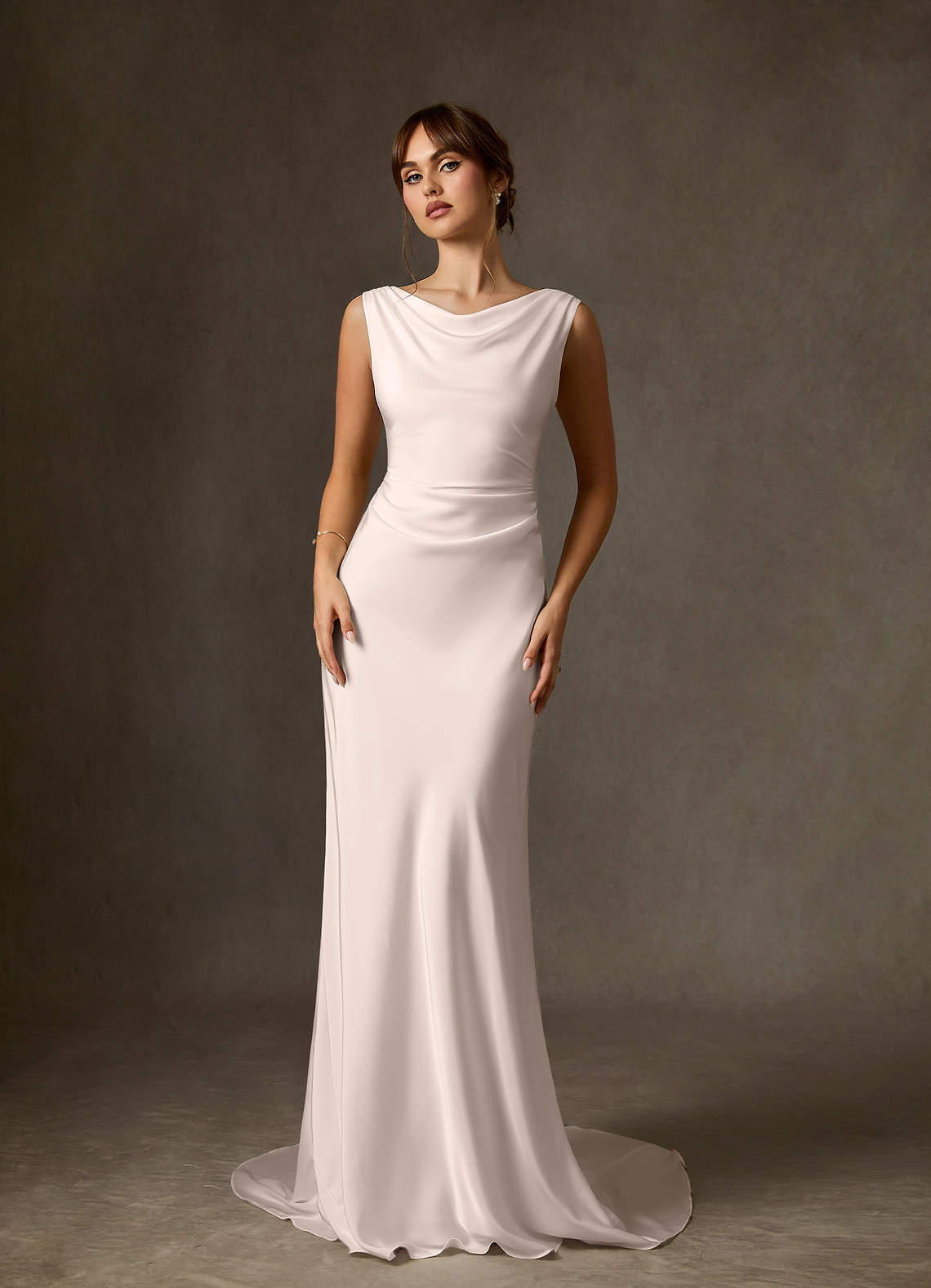 Azazie 2026 Fit and Flare Little White Dresses Blushing Pink Elegant Wedding Dress Sweep Train Stretch Satin Cowl Neck Draping