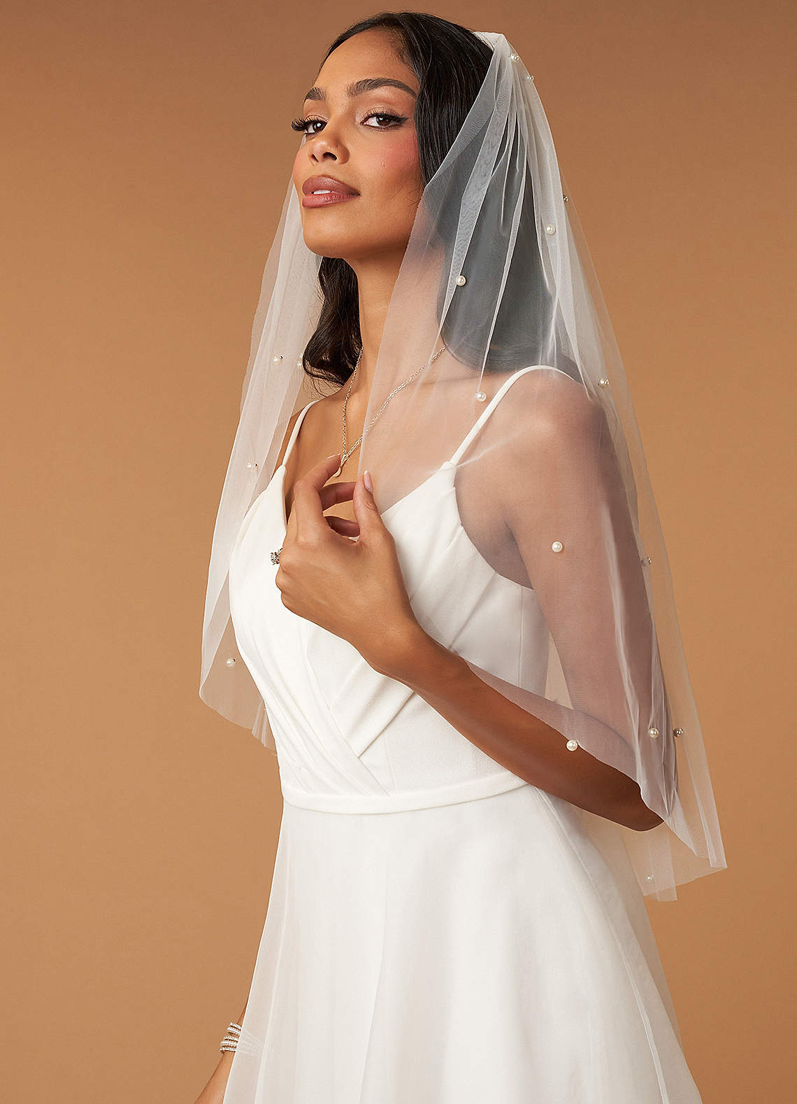 front Megara Pearl Waist Length Veil