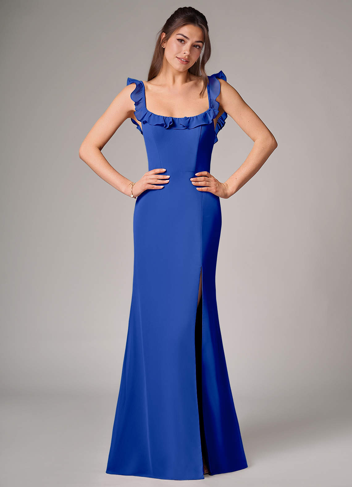 Azazie Callie Abiti da Damigella Abito Convertibile Sirena in Chiffon Spacco Laterale Blu Reale image1