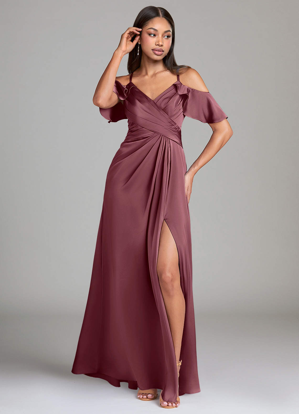 bridesmaid dresses desert rose Azazie A-Line V-Neck Floor-Length Stretch Satin the floor