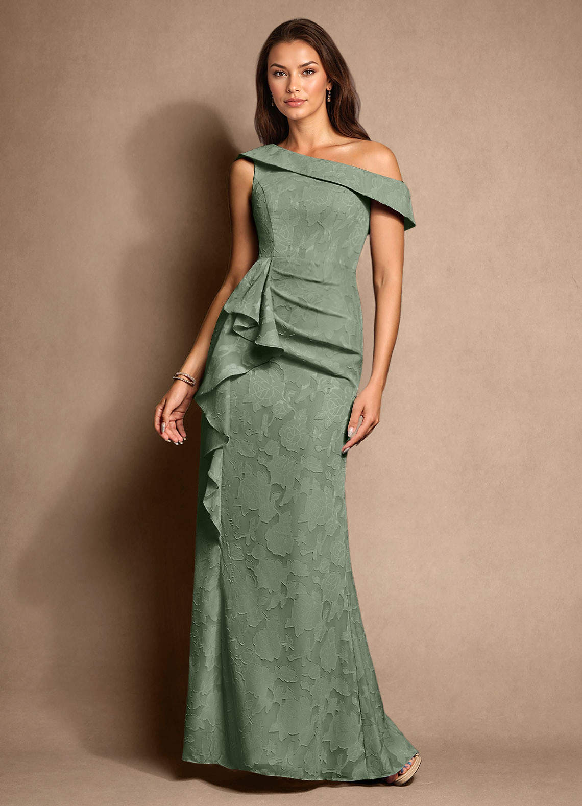 Azazie Hamptons Mother of the Bride Dresses Matcha A-Line Pleated Floral Burnout Dress image1