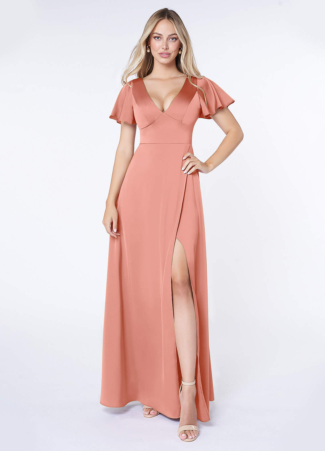 Azazie Lani Bridesmaid Dresses Coral A-Line Flounce Sleeve Stretch Satin Dress image1
