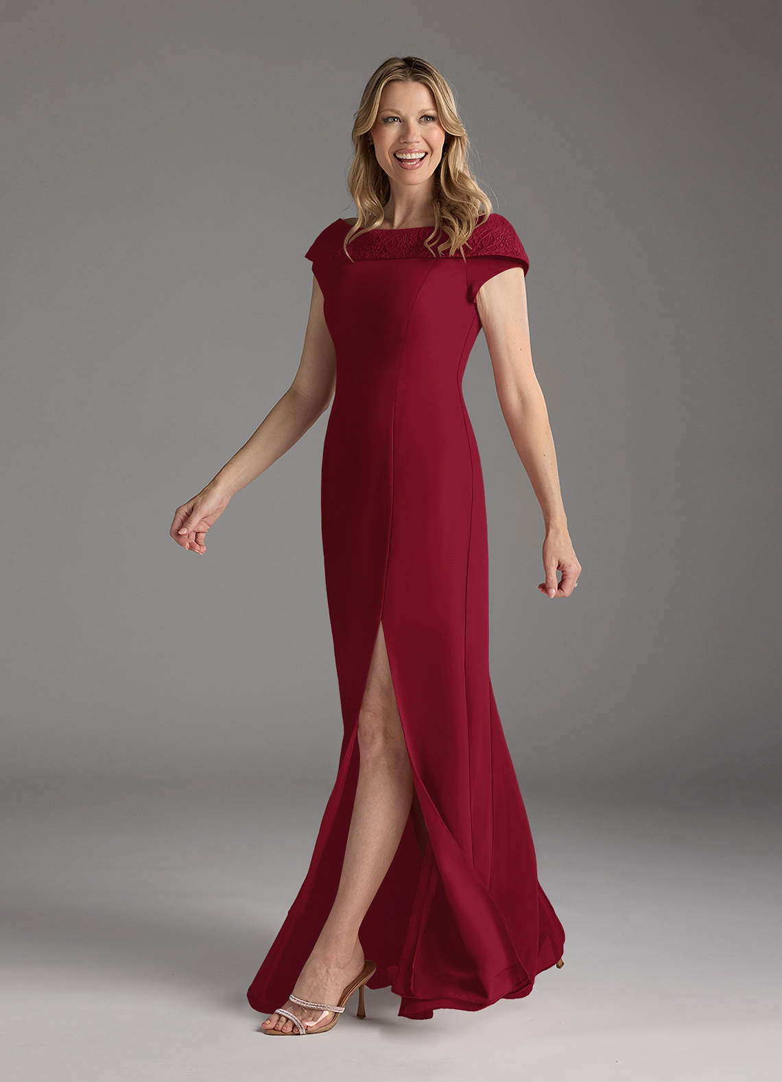 Azazie Cupid Mother of the Bride Dresses Burgundy A-Line Boatneck Lace Chiffon Dress image1