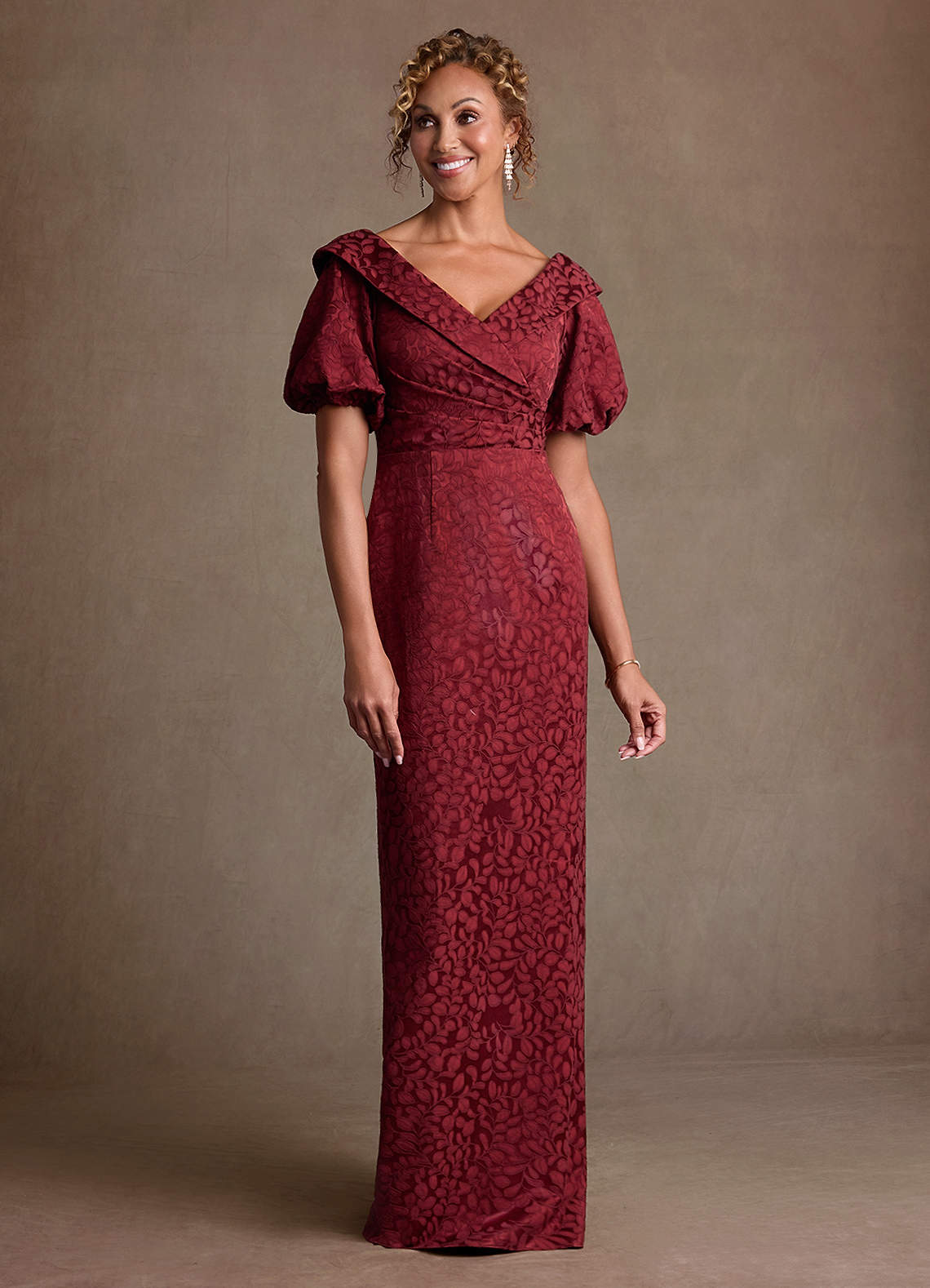 スーツ・フォーマル・ドレス akisa Azazie Amala Cabernet Franc Column Pleated Floral Jacquard Dress