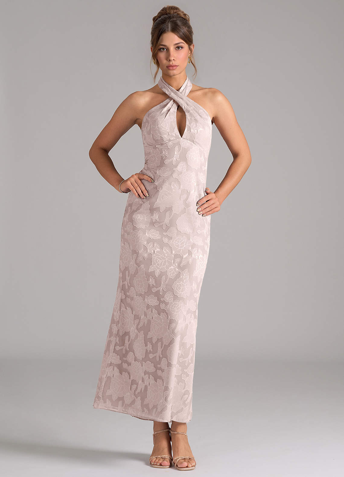 Azazie Marlissa Bridesmaid Dresses Blushing Pink Sheath Pleated Floral Burnout Dress image1
