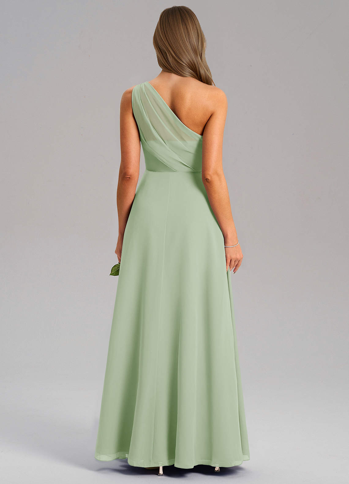 Azazie Phaedra Vestidos de madrinha de casamento Vestido Dusty Sage de Chiffon de Linha A com Um ombro image1