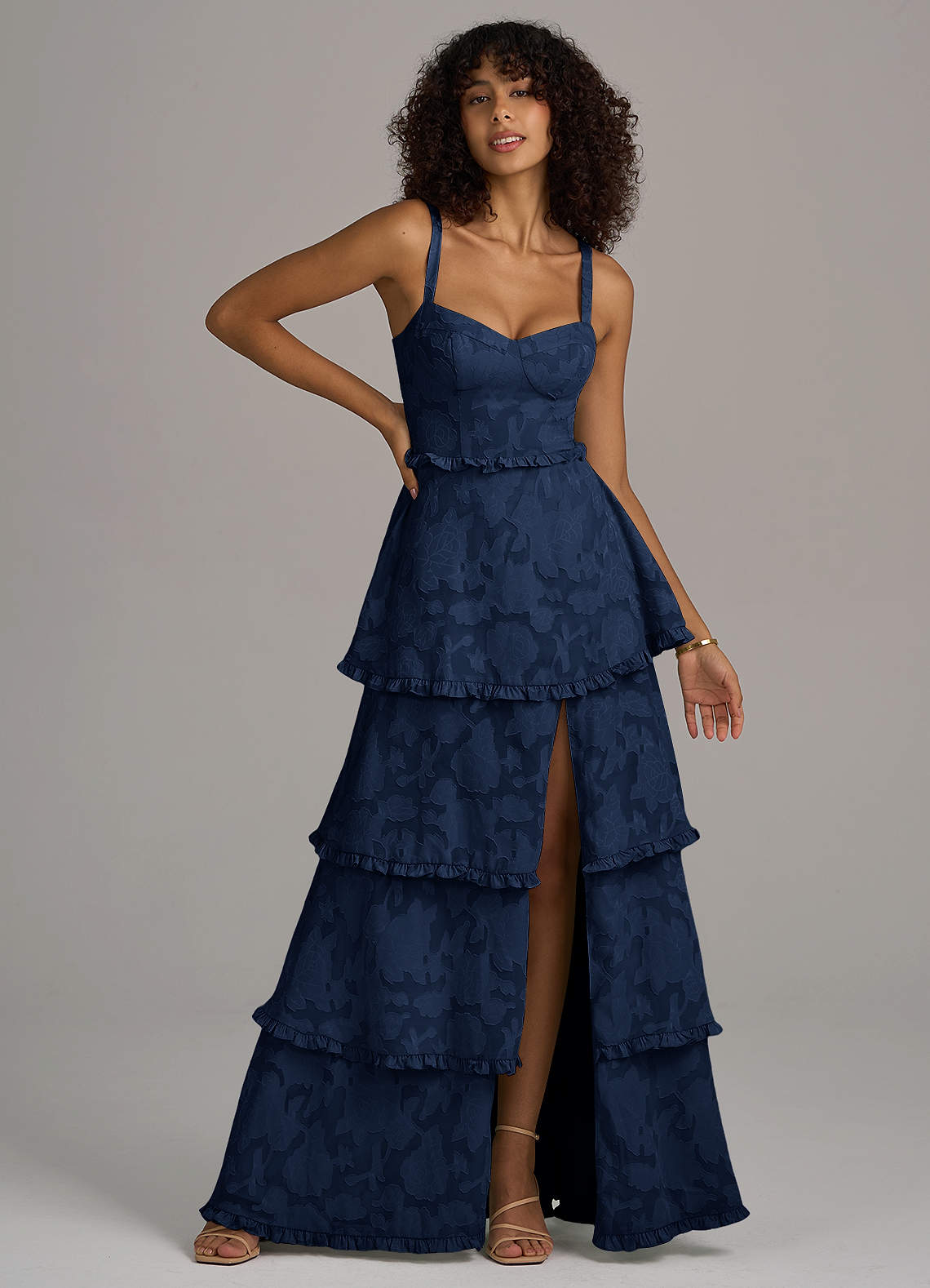 Azazie Romie Brautjungfernkleider A-Linie Korsett Blumen-Burnout Kleid Dunkelmarine image1