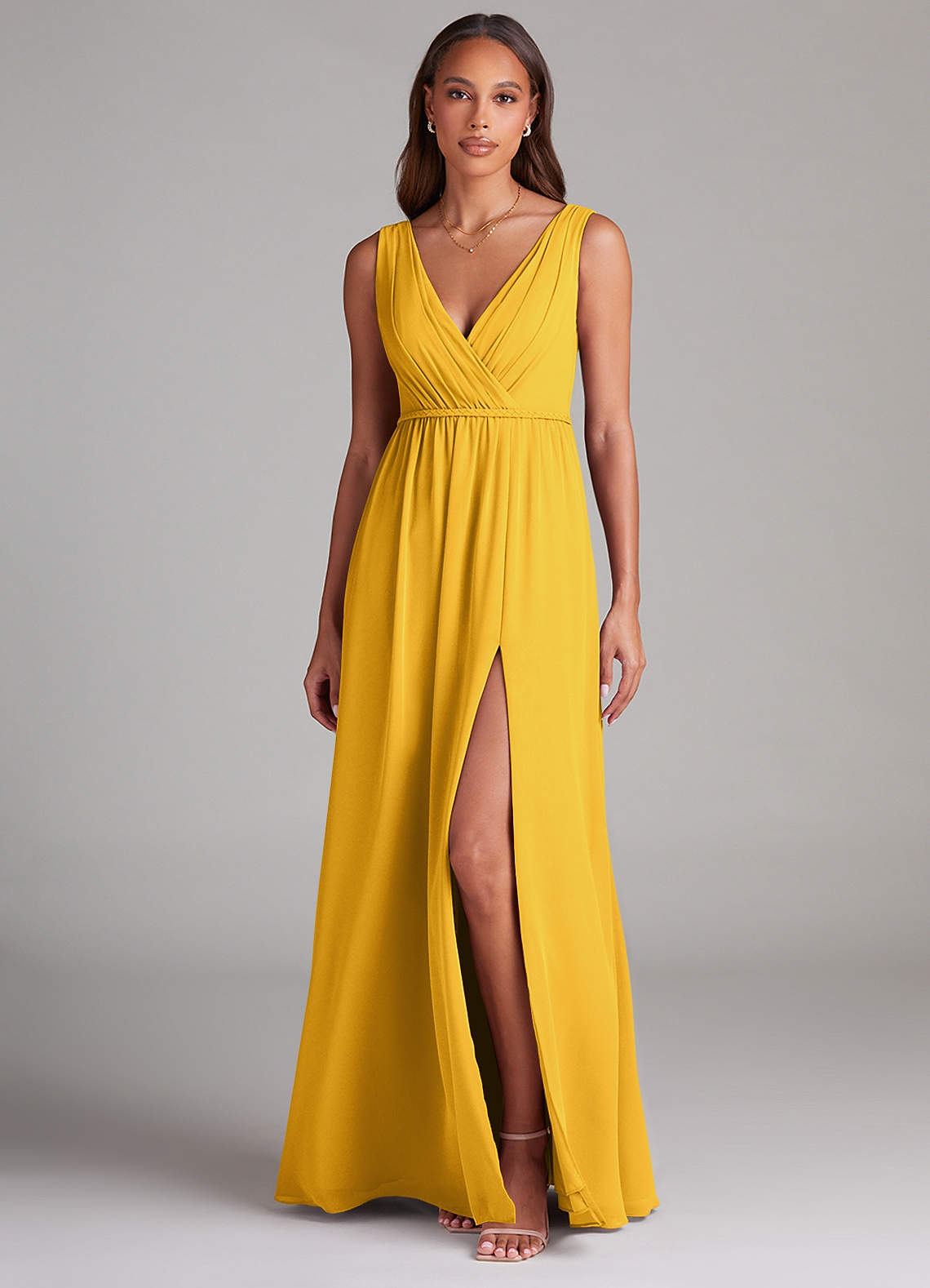 Azazie Tanicia Bridesmaid Dresses Marigold A-Line Pleated Chiffon Dress image1