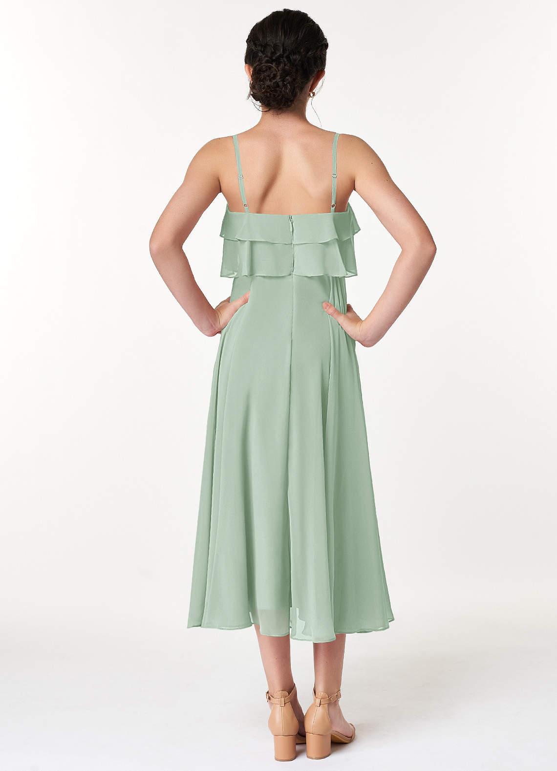 Azazie Ensley Junior Abito A-Line in Chiffon Plissettato Agave image1