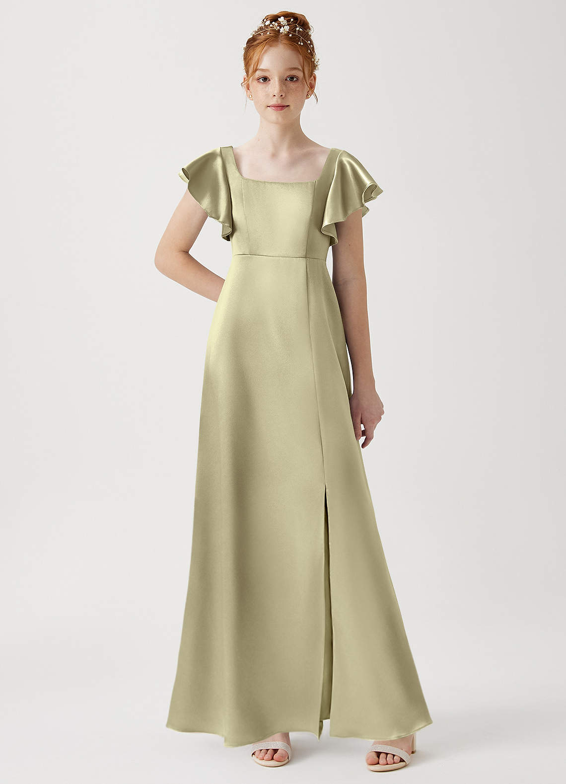 Azazie Bondi Junior Moss Green A-Line Side Slit Metallic Satin Dress image1
