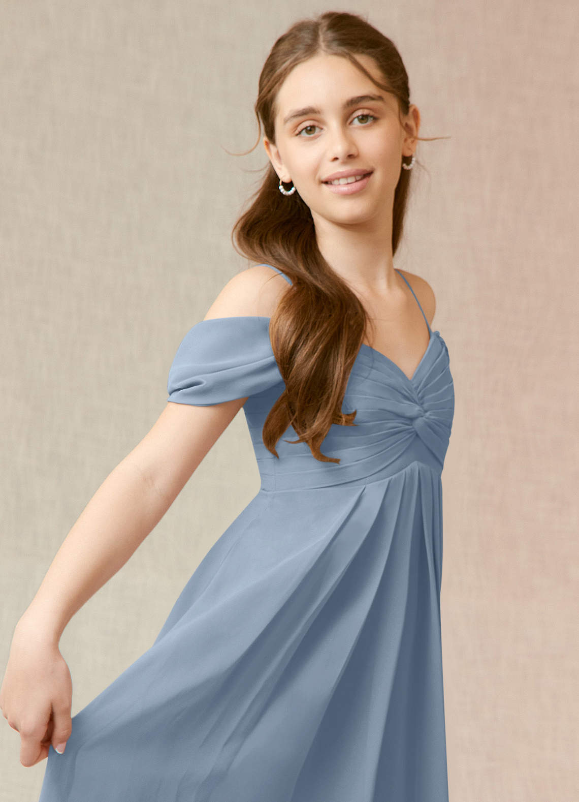 Azazie Kaitlynn Junior Dusty Blue A-Line Off the Shoulder Chiffon Dress image5