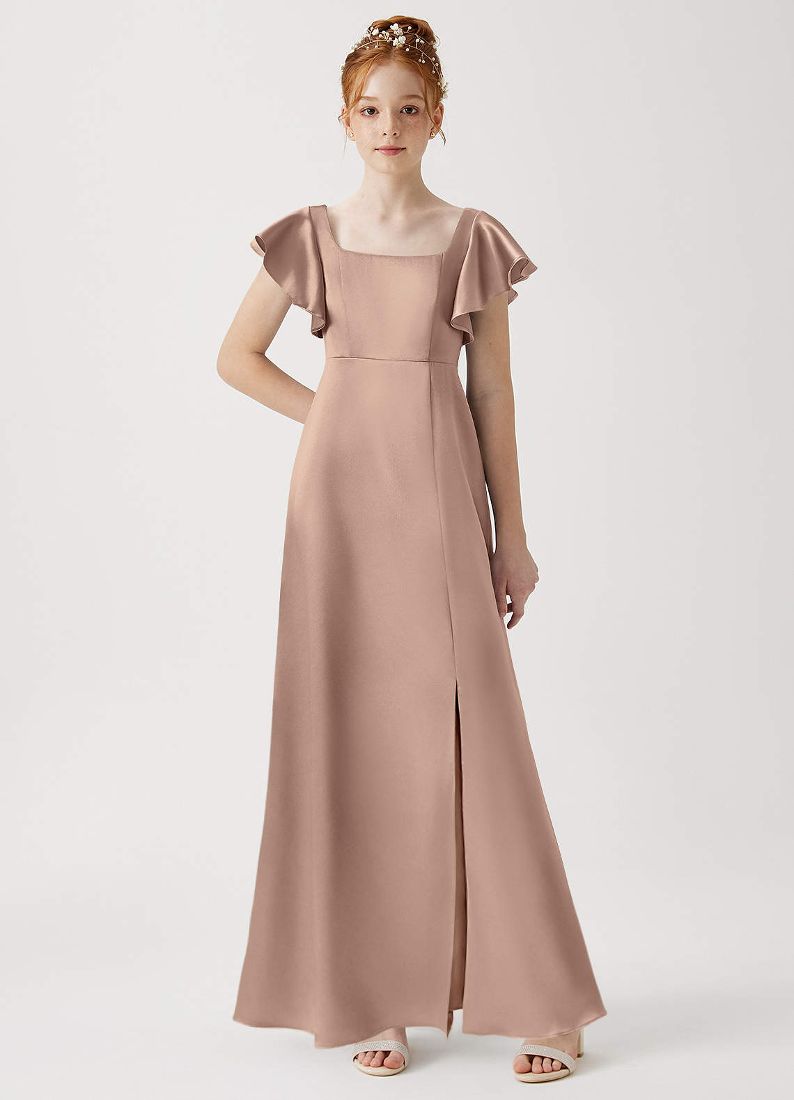 Azazie Bondi Junior Taupe A-Line Side Slit Metallic Satin Dress image1