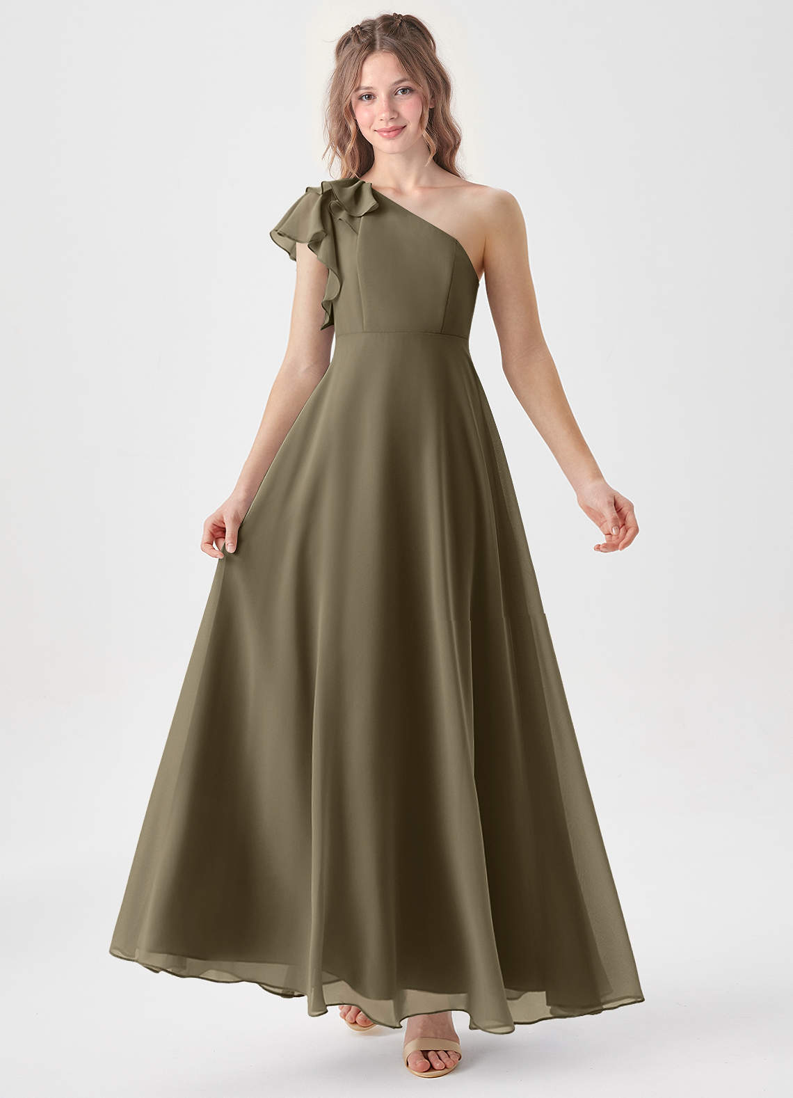 Azazie Arabella Junior Robe Trapèze en Mousseline de soie Rayé Vert Saule image1