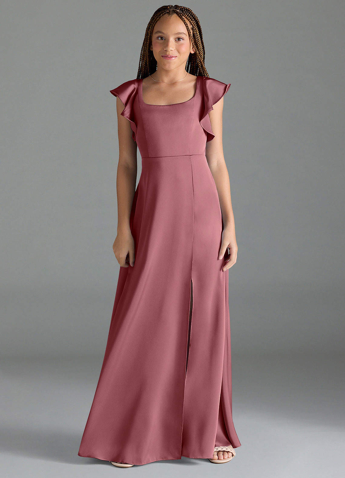 Azazie Bondi Junior Desert Rose A-Line Side Slit Stretch Satin Dress image1