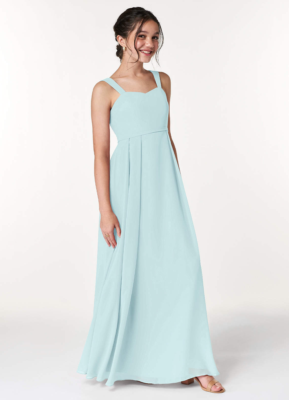 Azazie Simoan Junior Abito A-Line in Chiffon Scollo a Cuore Sea Glass image2