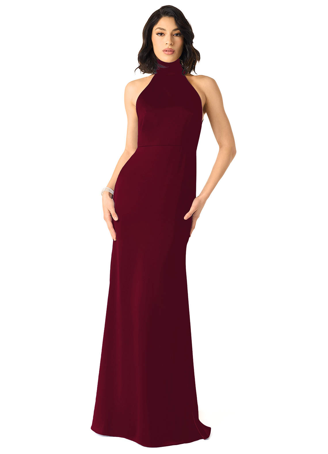 Azazie x Delaney Bridesmaid Dresses Burgundy Sheath High Neck Stretch Satin Dress image1