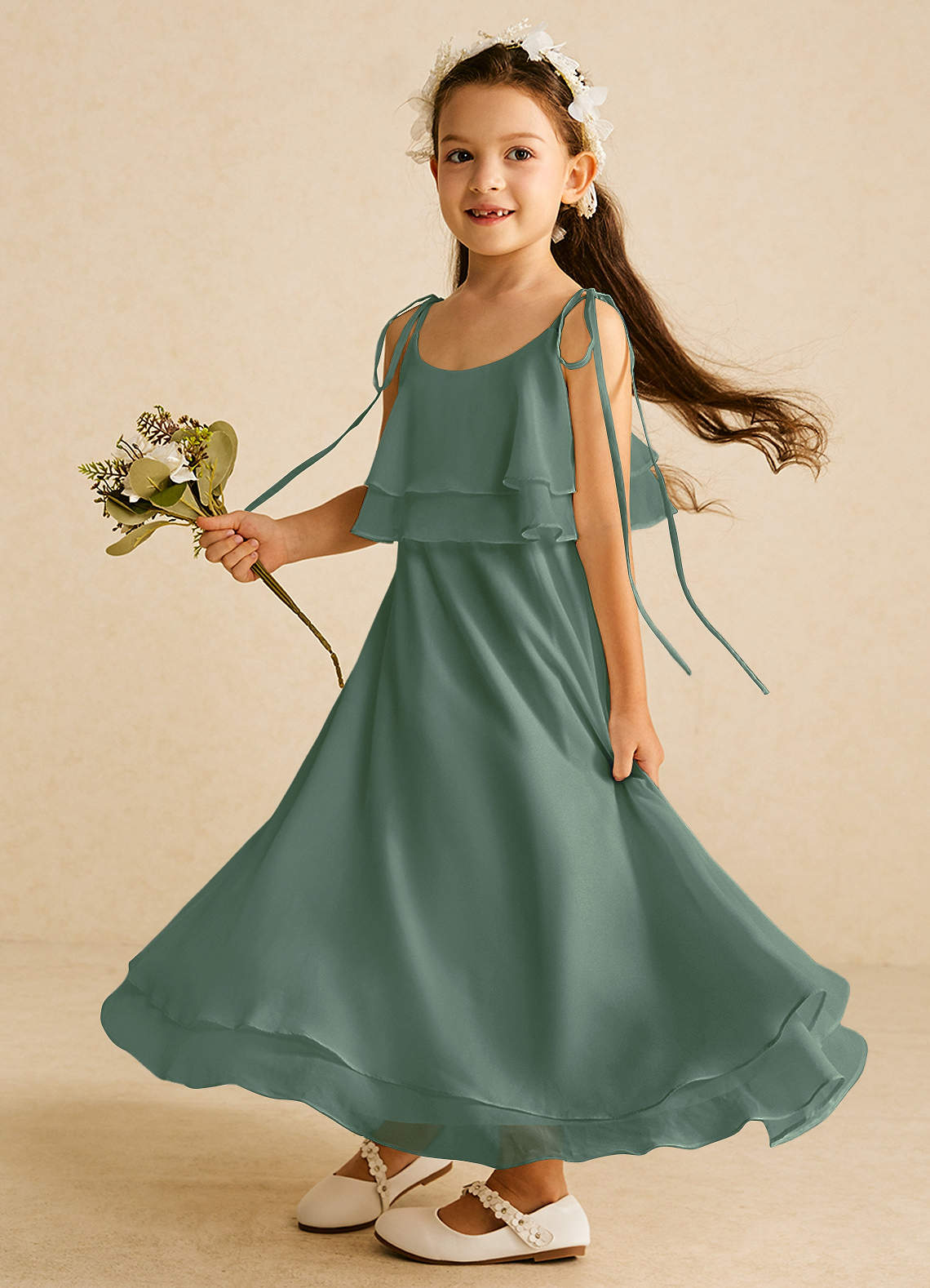 Azazie Temi Jurken voor bloemenmeisjes A-Lijn Jurk van Chiffon Spaghetti Bandje Eucalyptus image1