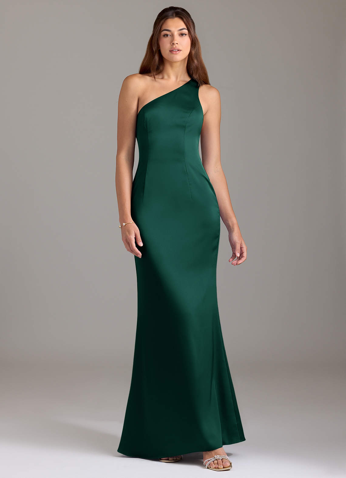 Azazie Arleth Bridesmaid Dresses Emerald A-Line One Shoulder Stretch Satin Dress image1