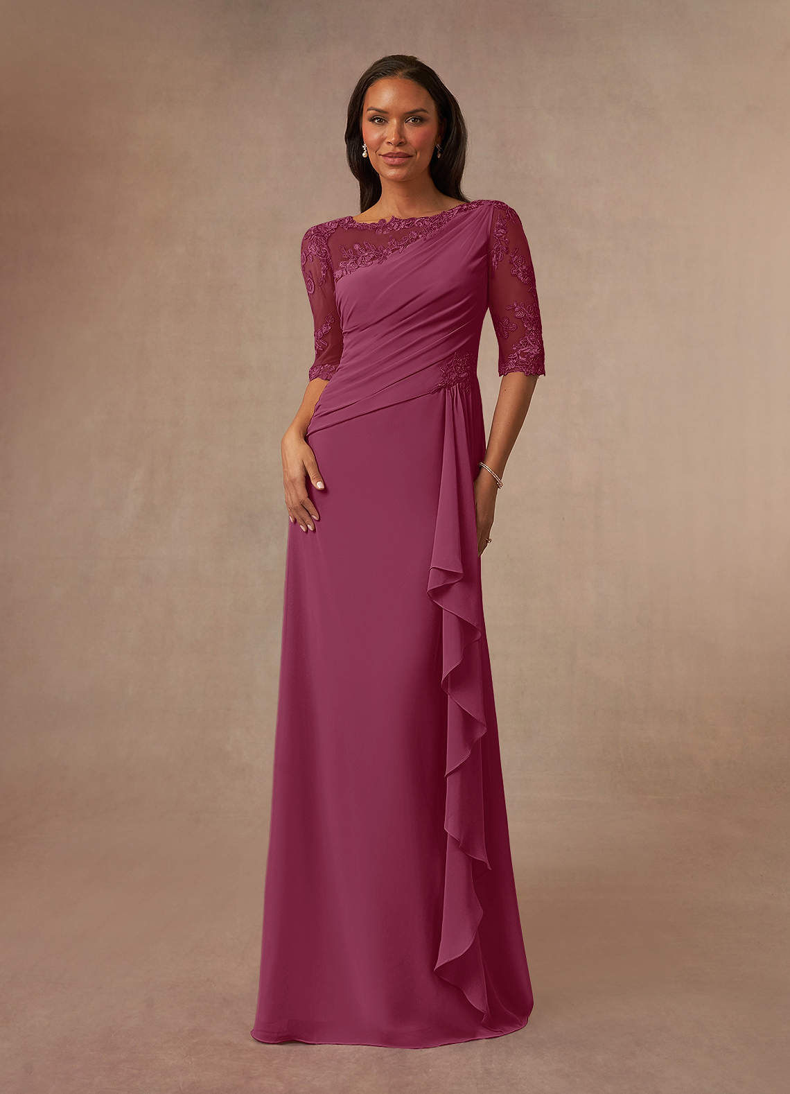 Azazie Dionysus Mulberry A-Line Boatneck Lace Chiffon Dress Ready